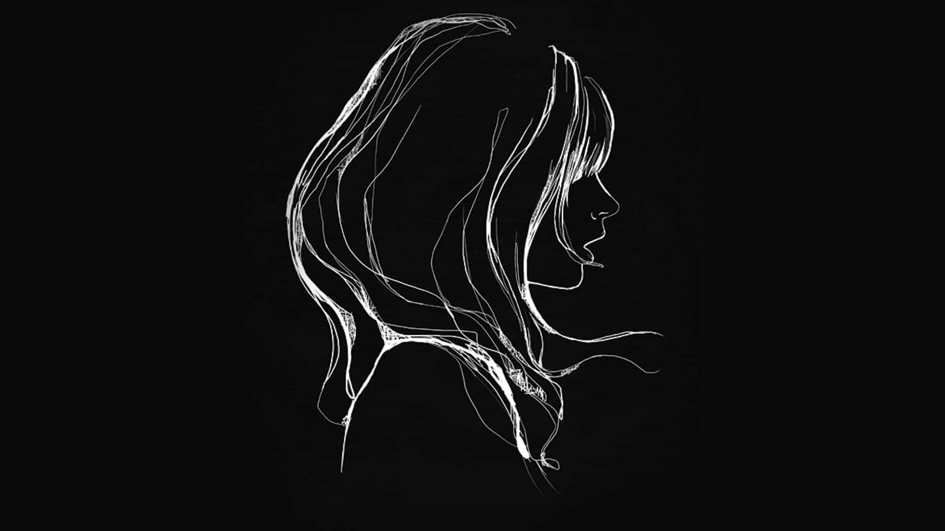 Simple Black 桌布 壁紙 — 一個極簡風格的白色線條畫，描繪一位女性側面輪廓，頭髮飄逸，背景為純黑色。