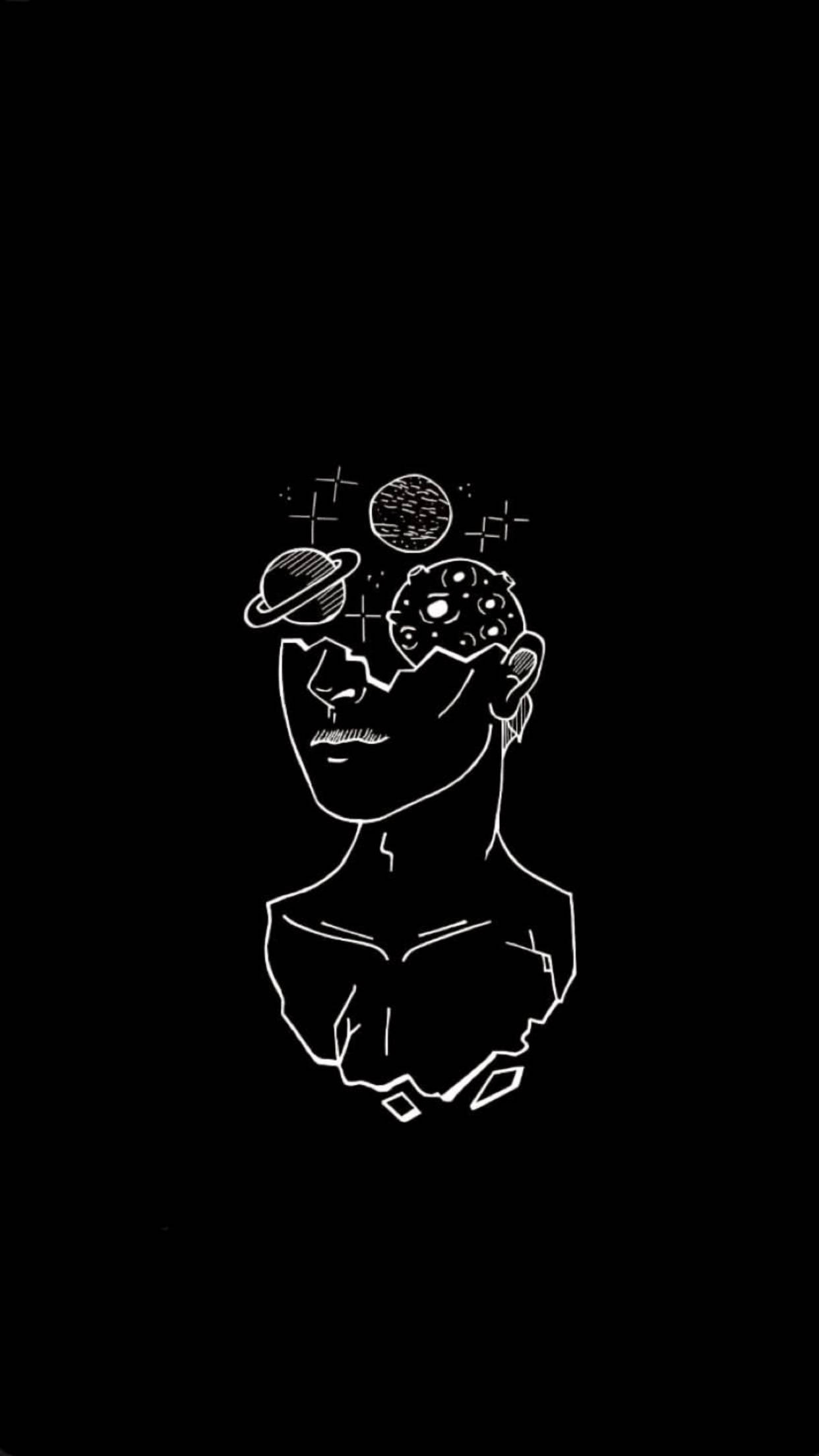 Aesthetic Black And White 桌布 壁紙 — 一個極簡風格的白色線條畫，描繪一個半身像，頭部有行星和星星浮現，背景為黑色。