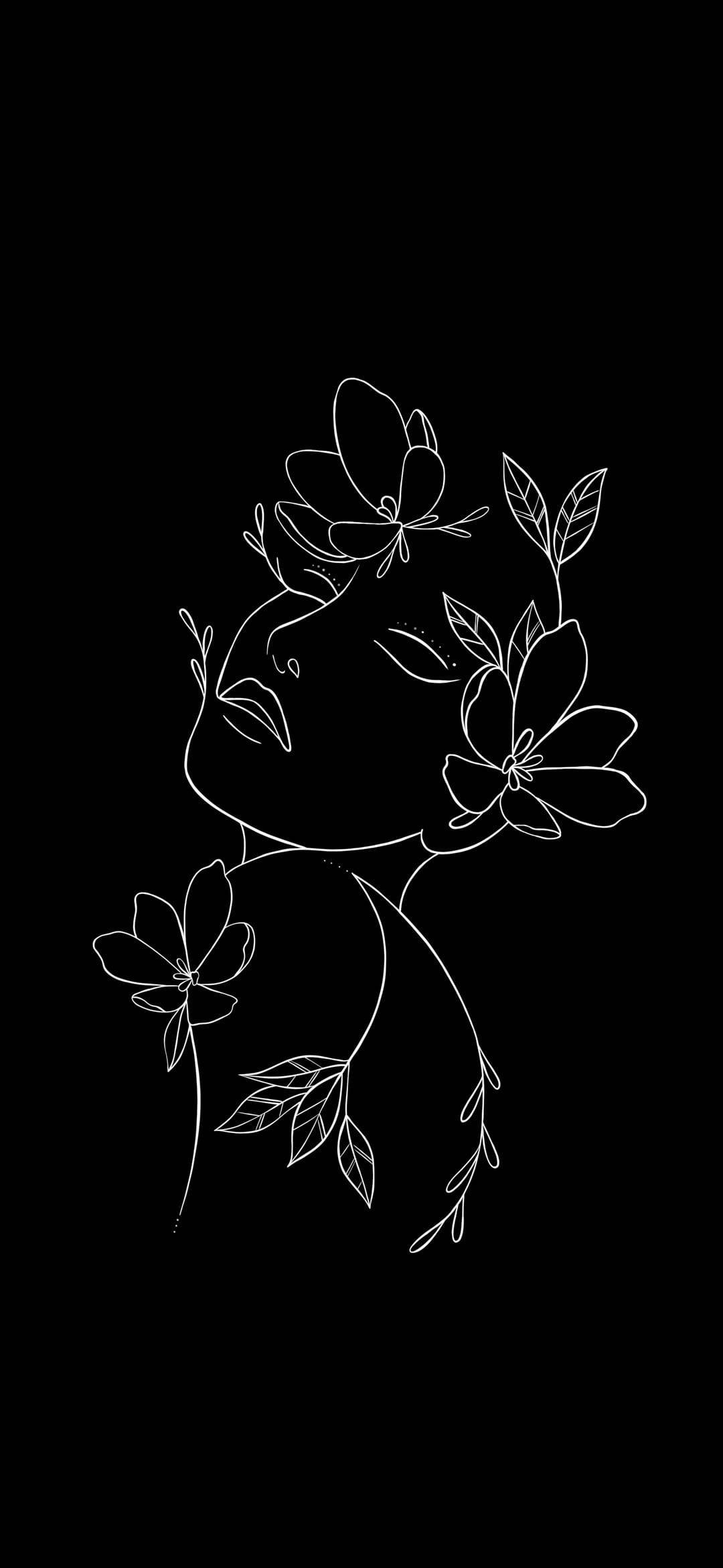 藝術 桌布 壁紙 — 一個極簡風格的白色線條畫，描繪一位寧靜女性的側面輪廓，點綴著花朵和葉子，背景為黑色。