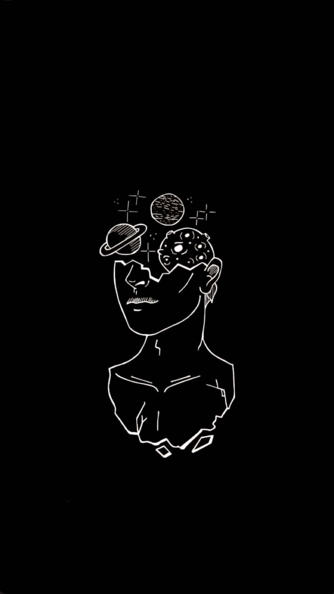 Aesthetic Black And White 桌布 壁紙 — 一個極簡風格的白色線條畫，描繪一個半身像，頭部有宇宙行星浮現，背景為黑色。