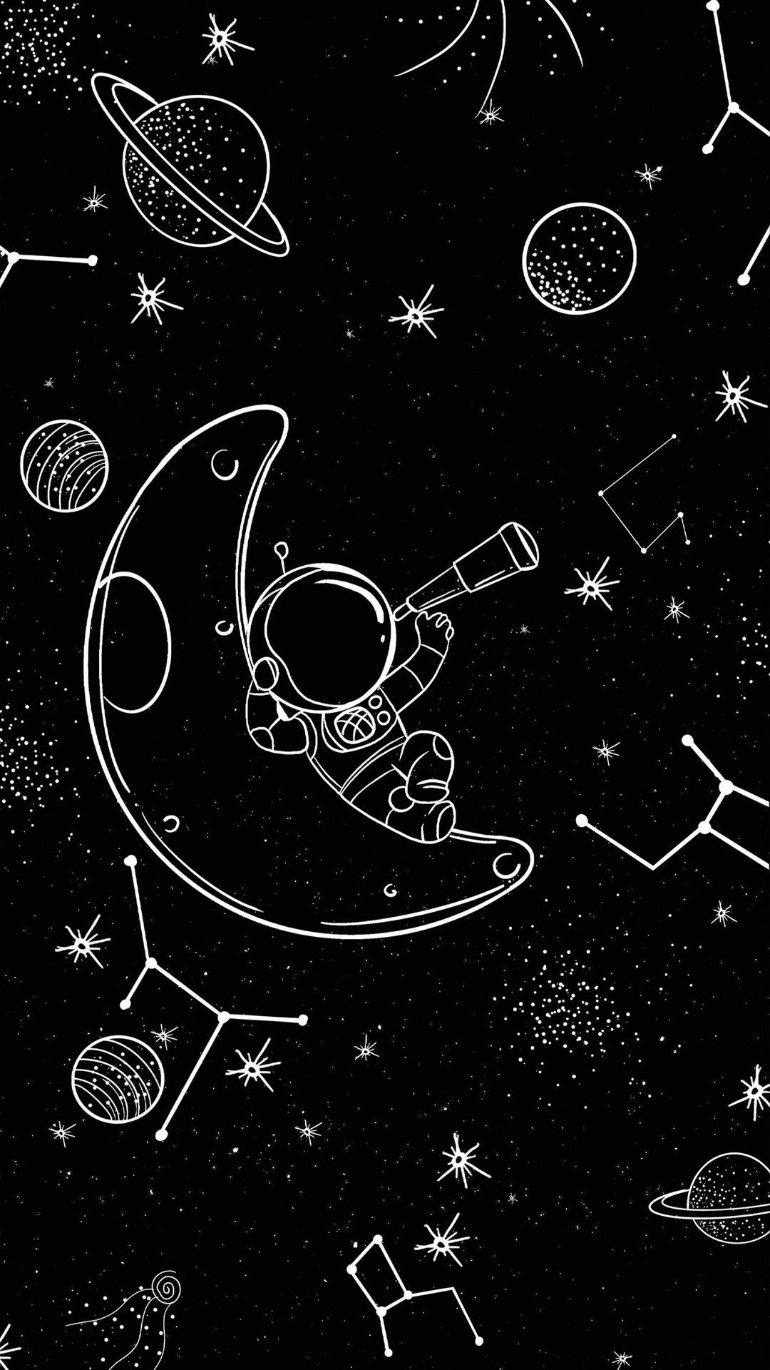 太空人在月球上以極簡線條藝術風格觀察星星和行星。 — 塗鴉動圖 壁紙