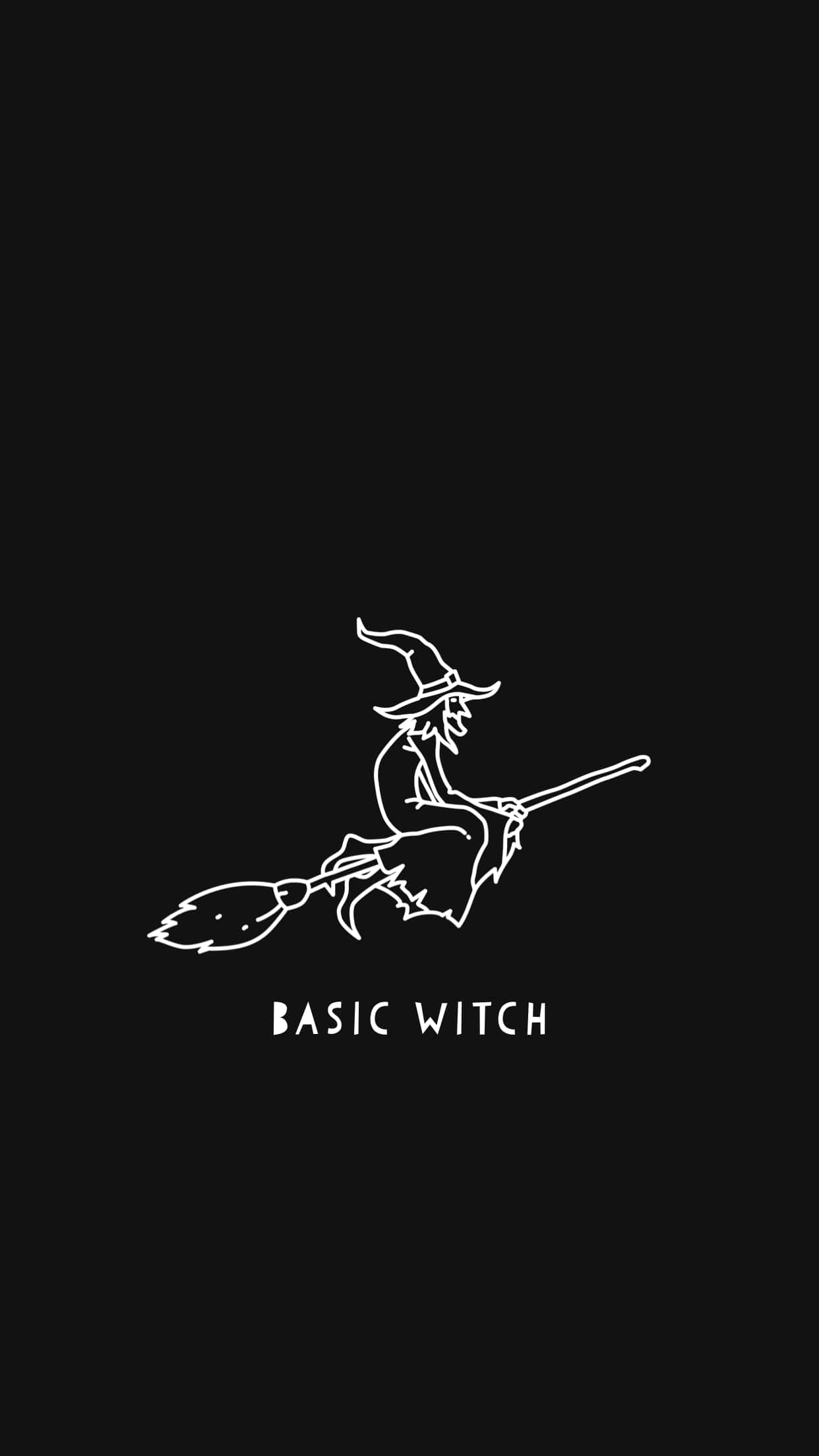 Aesthetic Halloween 桌布 壁紙 — 一個極簡風格的白色線條畫，描繪女巫騎著掃帚，背景為純黑色，下方有 BASIC WITCH 文字。