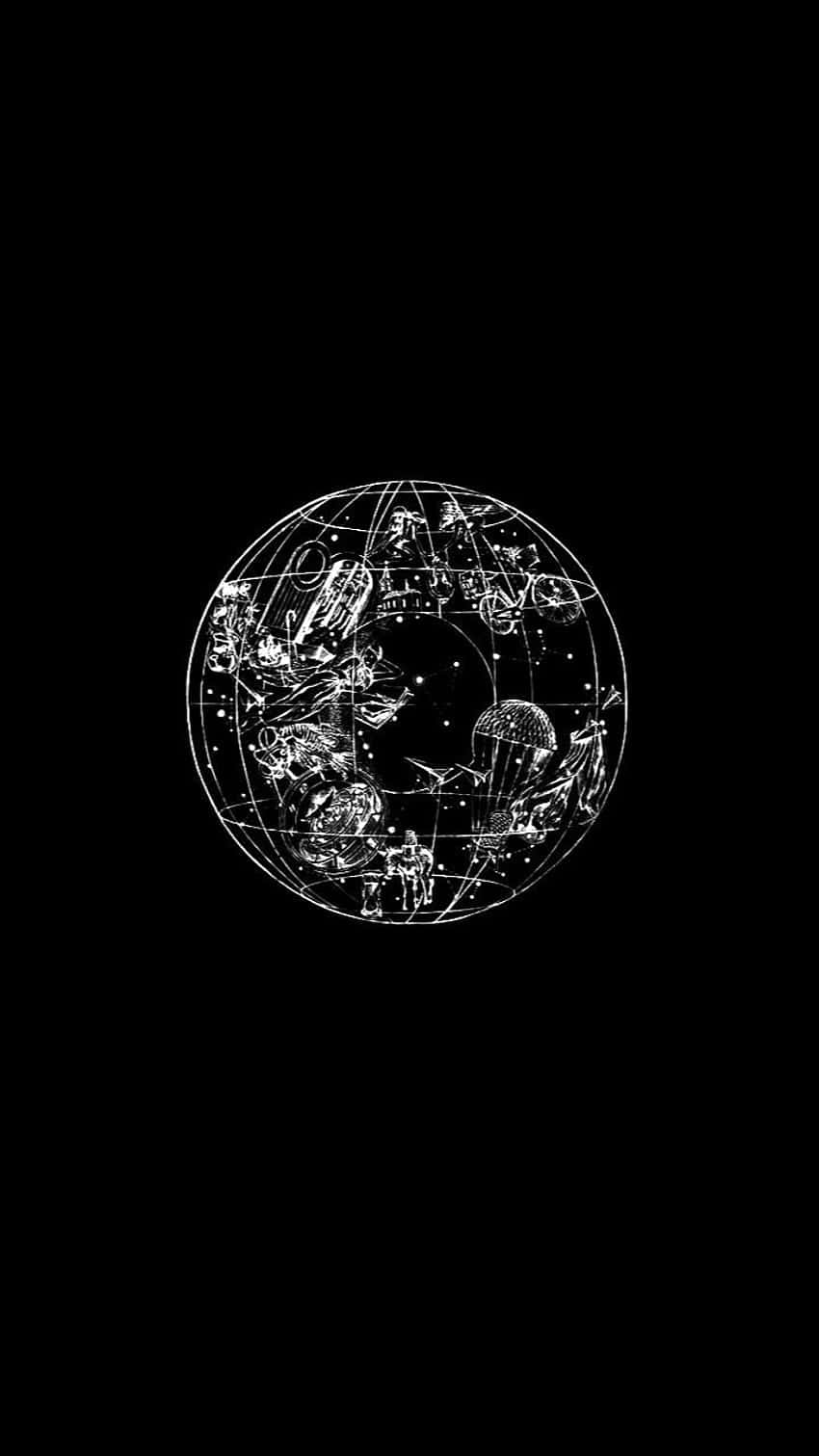 Black Phone 桌布 壁紙 — 一個極簡風格的白色線條畫地球，上面充滿星座和天體圖案，背景為黑色。