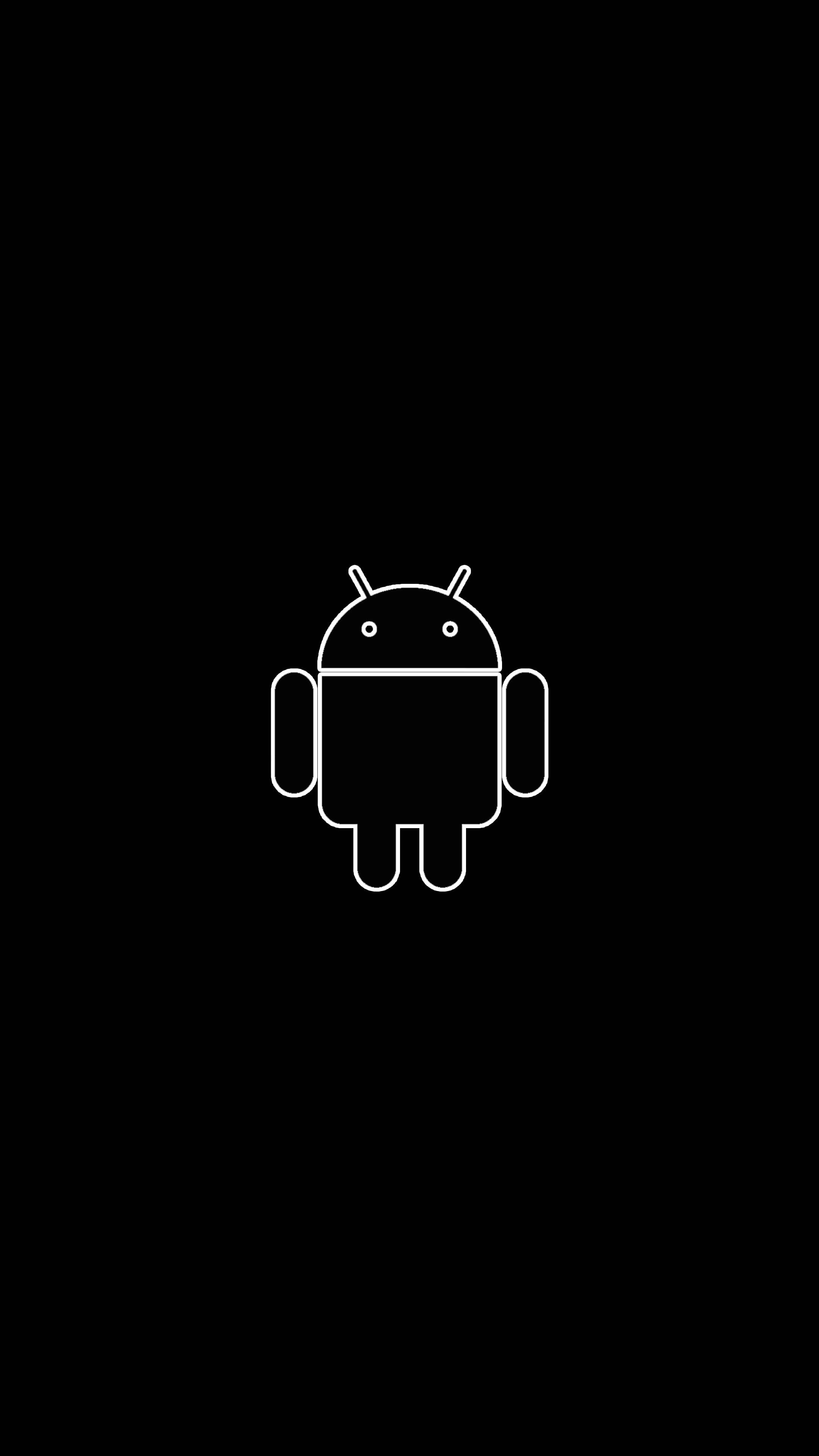 黑色美學 桌布 壁紙 — 一個極簡風格的白色線條繪畫，Android 機器人圖示居中在純黑色背景上。