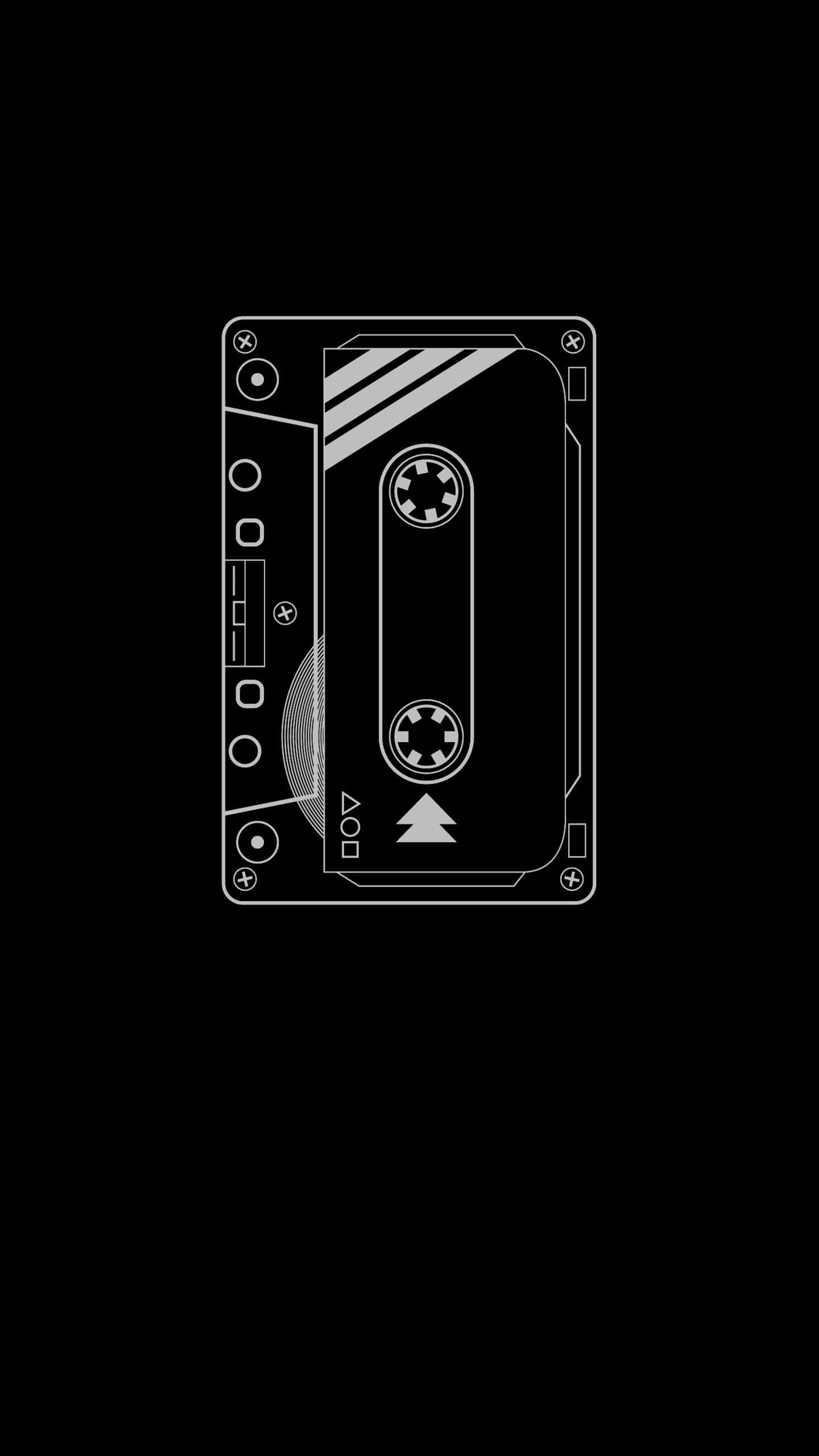 AMOLED 桌布 壁紙 — 一個極簡風格的白色線條繪畫，中心是一個卡式錄音帶，背景為純黑色。