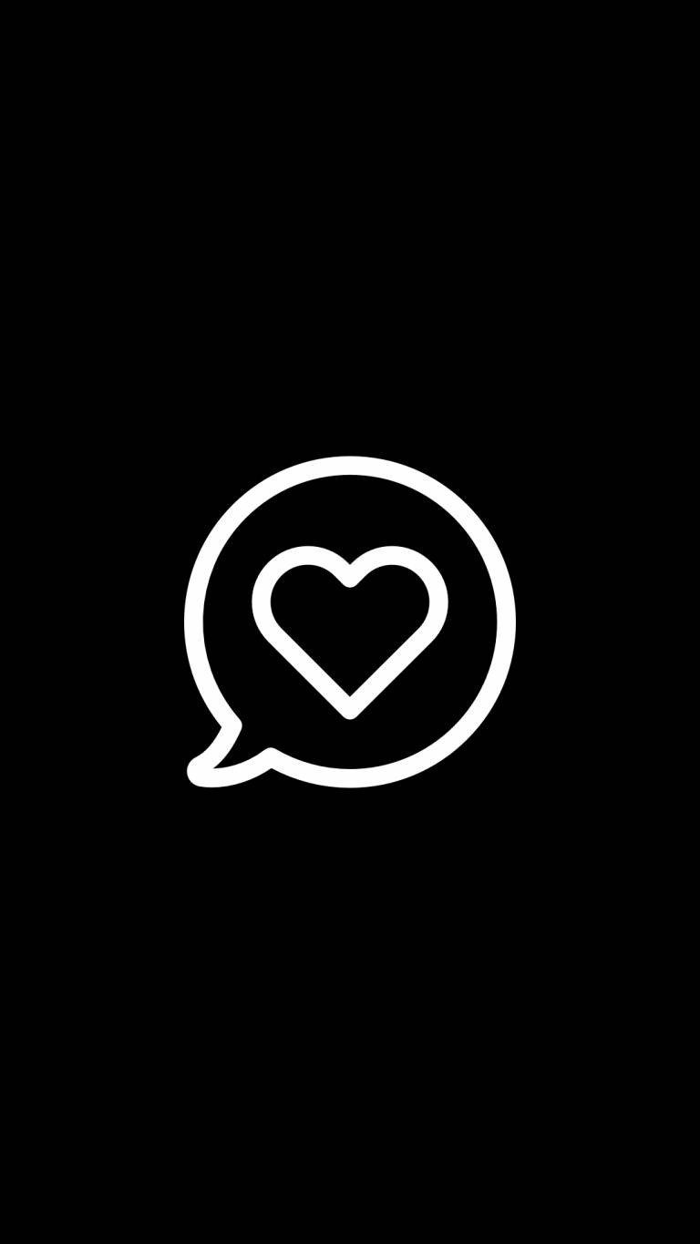 Heart 桌布 壁紙 — 一個極簡風格的白色線條繪畫，在對話氣泡內的心形，置中於純黑色背景上。