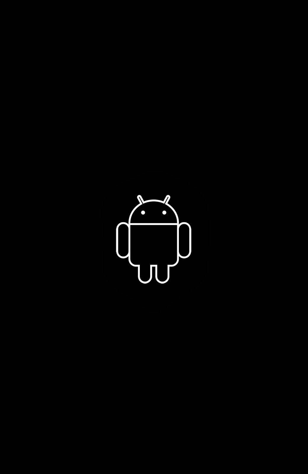 Black Android 桌布 壁紙 — 一個極簡風格的白色線條繪畫，將Android機器人圖示置中於純黑色背景上。