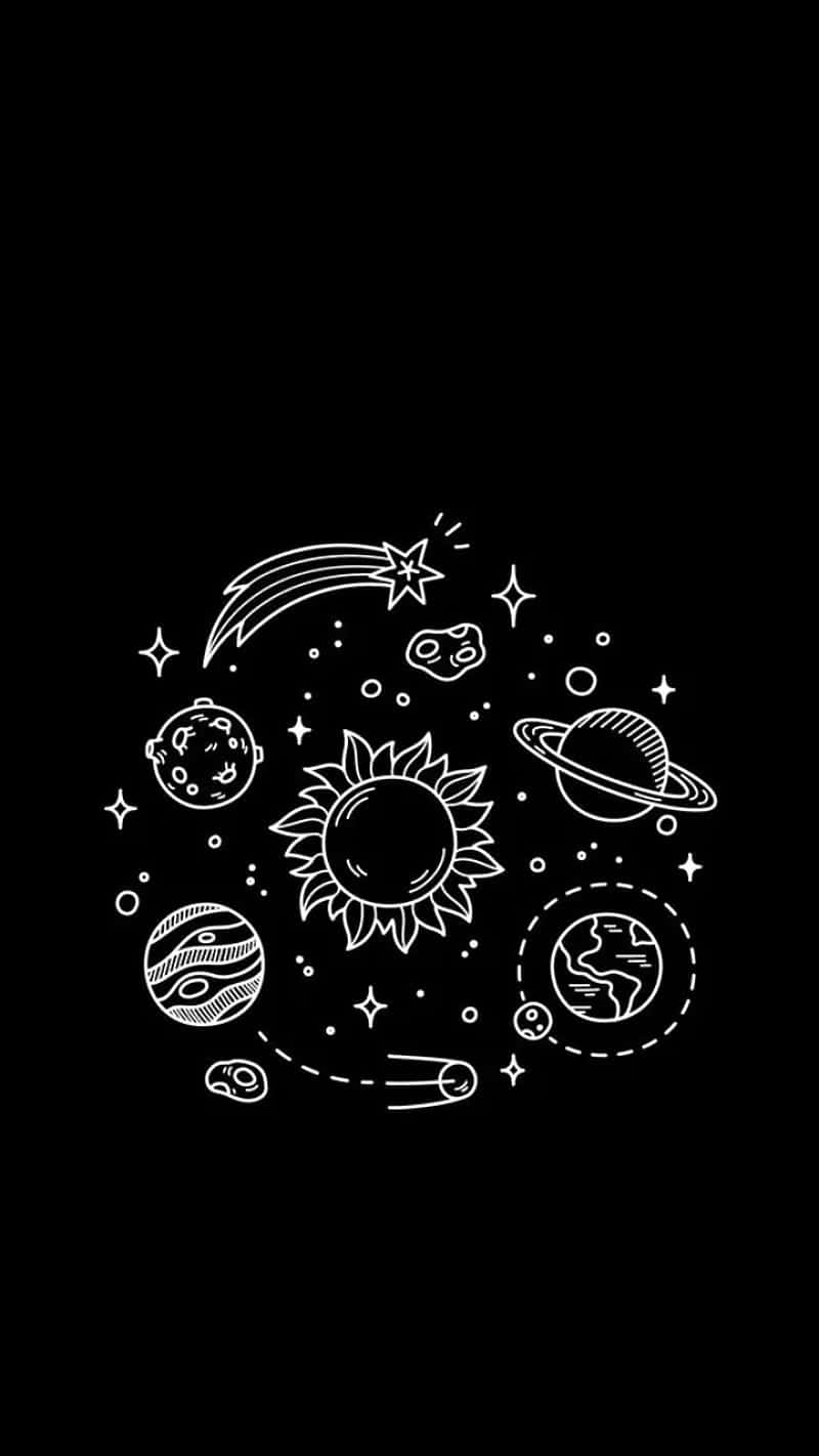 天體和星星以白色線條藝術繪製在黑色背景上。 — 太陽系 GIF 壁紙