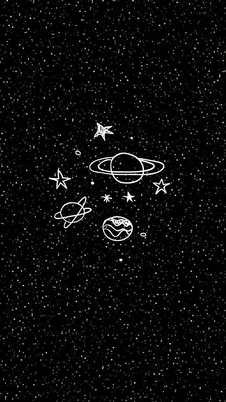 Cute Black Aesthetic 桌布 壁紙 — 一個極簡風格的白色線條繪畫，描繪行星和星星，漂浮在帶有斑點的黑色宇宙背景上。