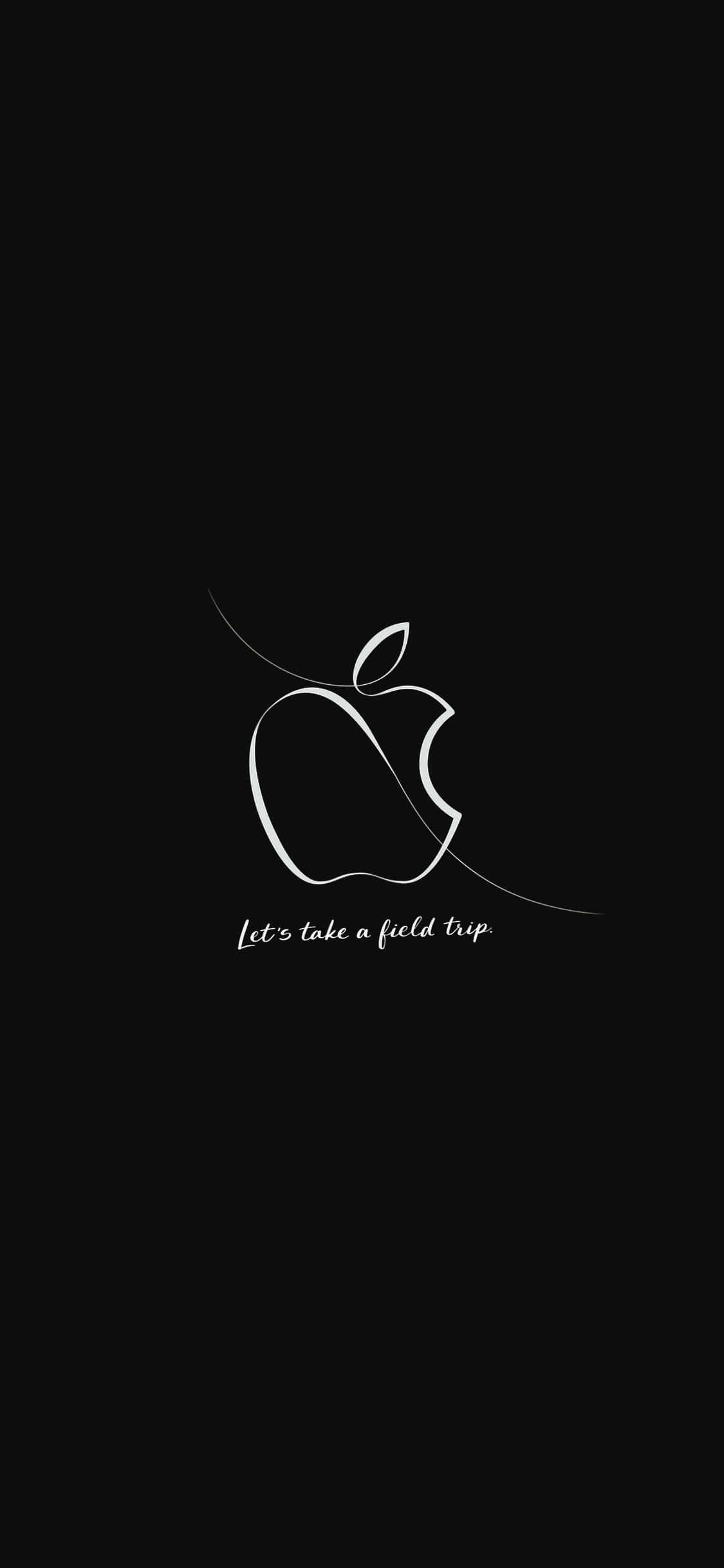Pixel 3 Apple 桌布 壁紙 — 一個極簡風格的白色線條繪畫，描繪帶有咬痕和葉子的蘋果標誌，背景為黑色，下方有文字。