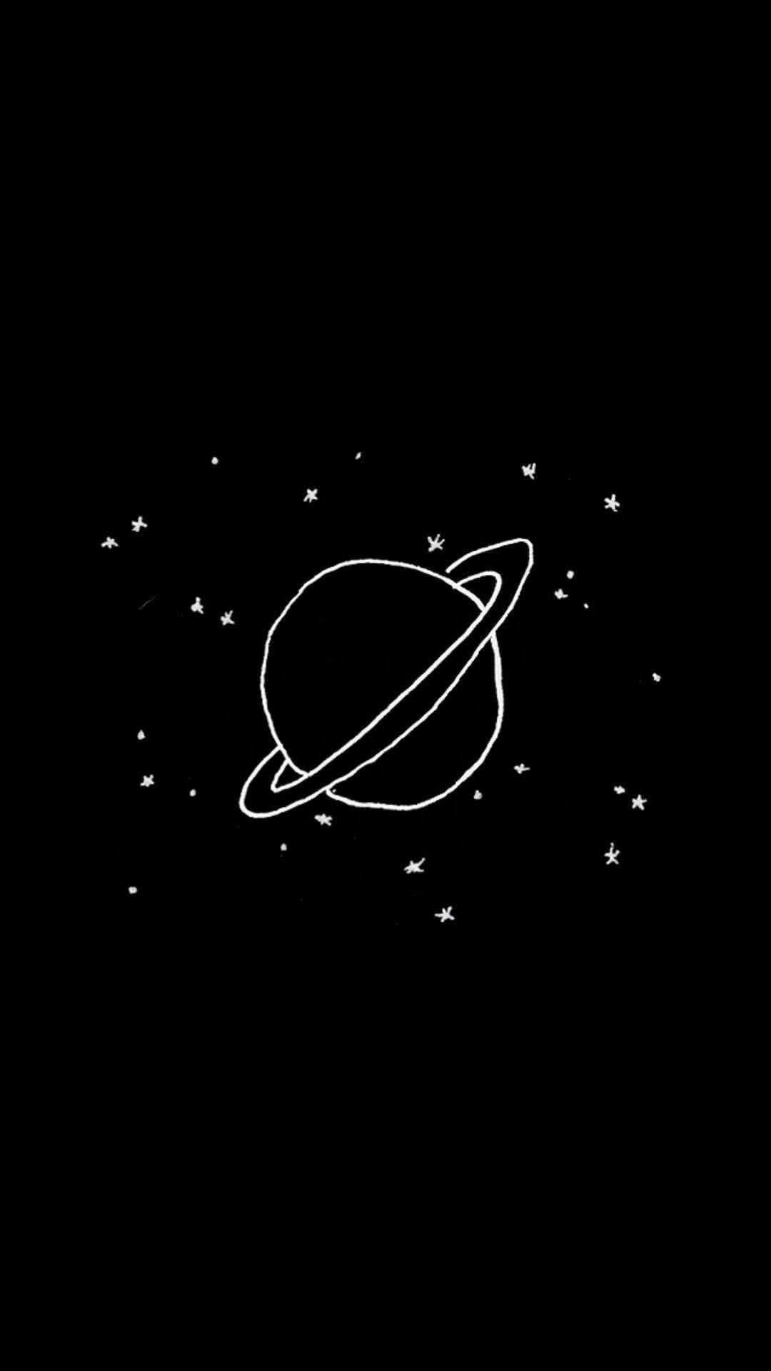 Cute Black Aesthetic 桌布 壁紙 — 一個極簡風格的白色線條繪畫，描繪一個帶有光環的行星，周圍散落著星星，背景為黑色。