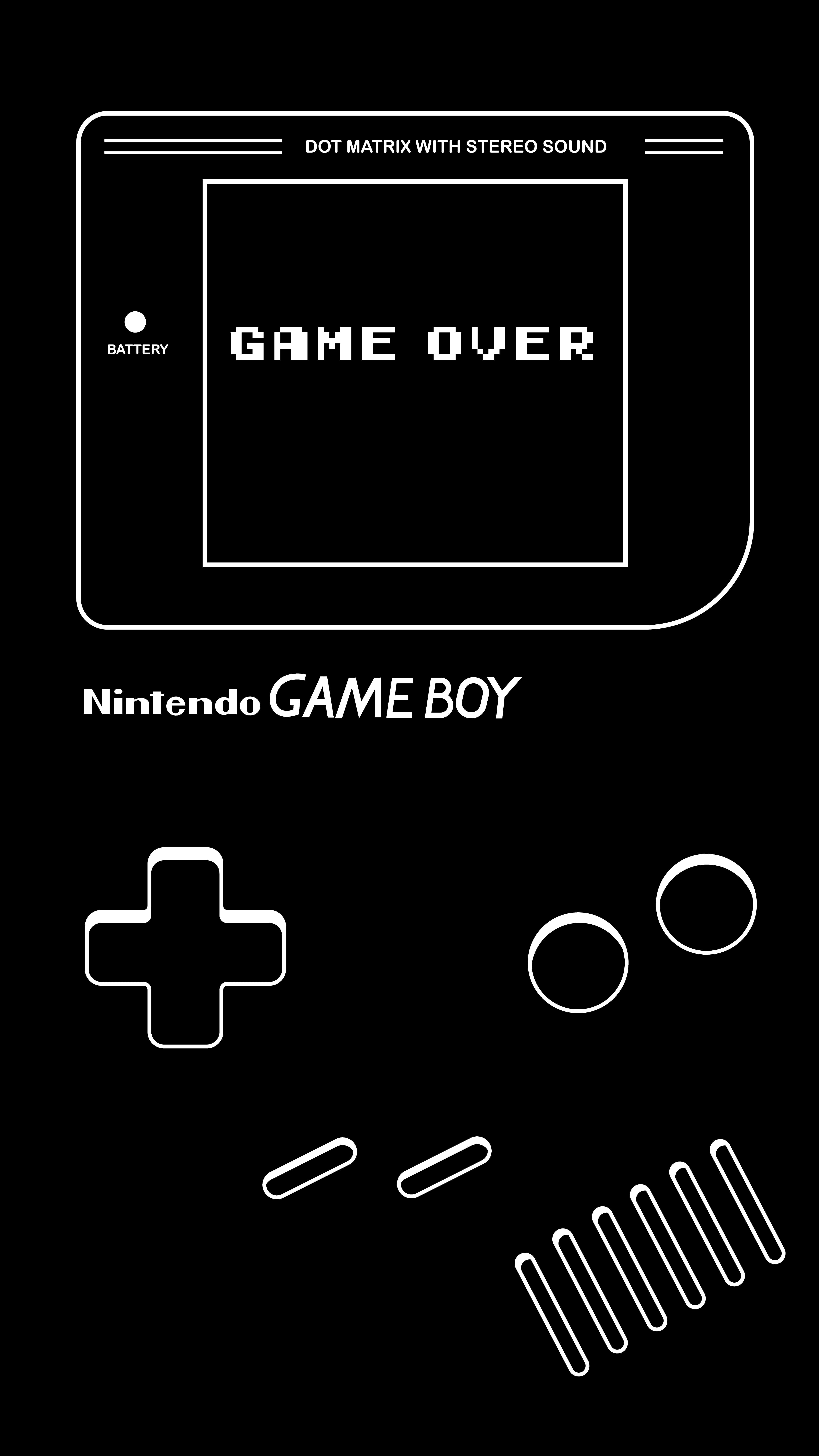 Dark Game Over 桌布 壁紙 — 一個極簡風格的白色線條繪畫，描繪一部Nintendo Game Boy在黑色背景上顯示「GAME OVER」。