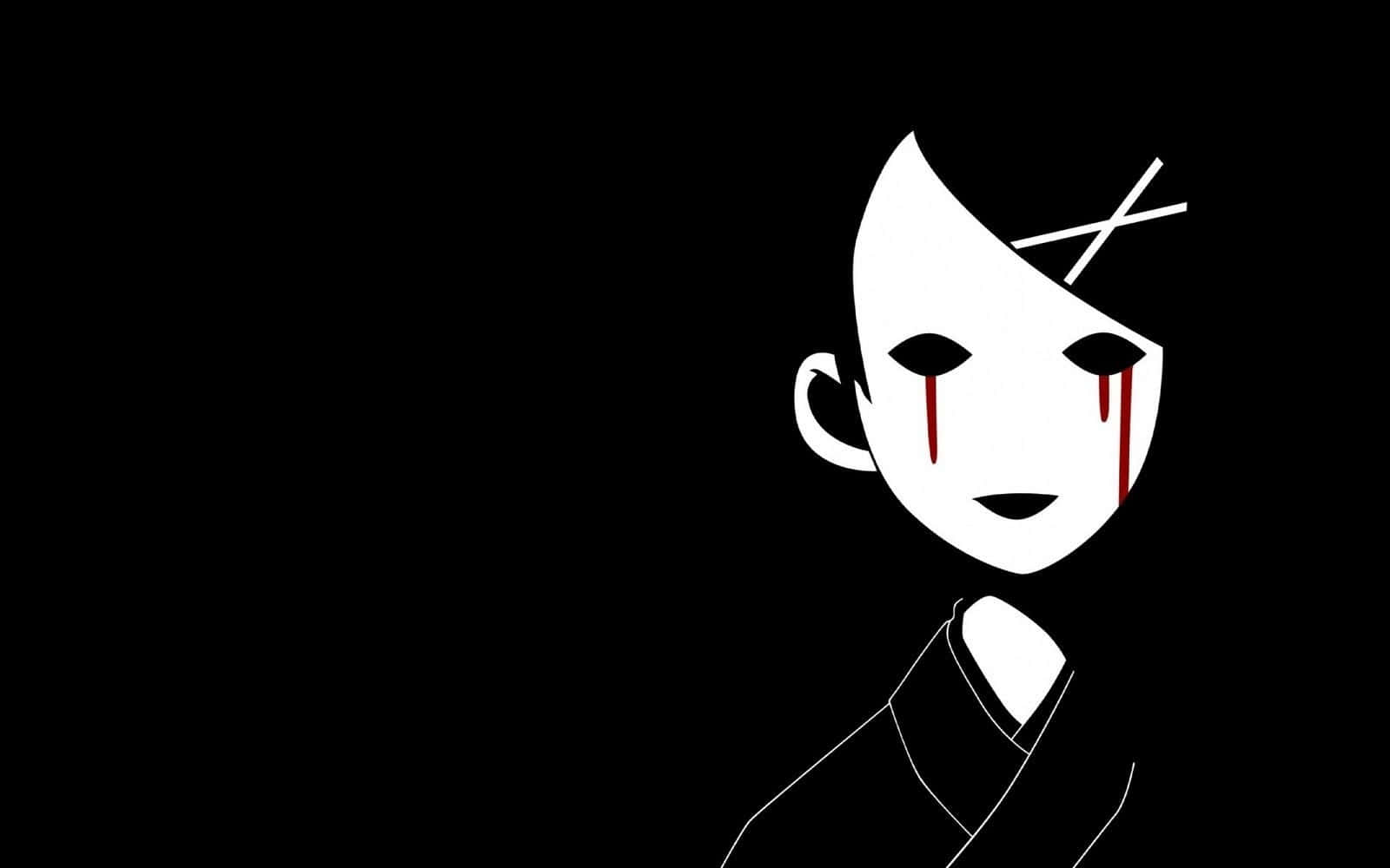 Dark Emo 桌布 壁紙 — 一個極簡風格的白色線條繪畫，描繪哭泣的臉龐，帶有紅色淚水，背景為純黑色。