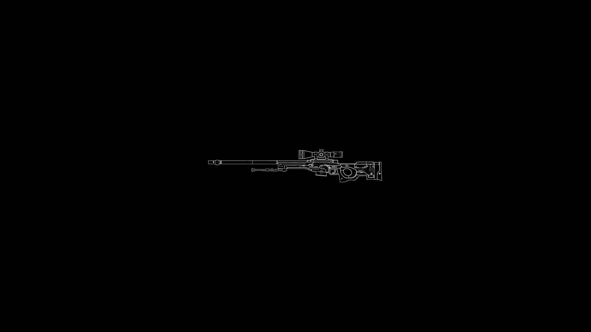 Csgo 桌布 壁紙 — 一個極簡風格的白色線條繪畫，狙擊步槍居中於純黑色背景上。