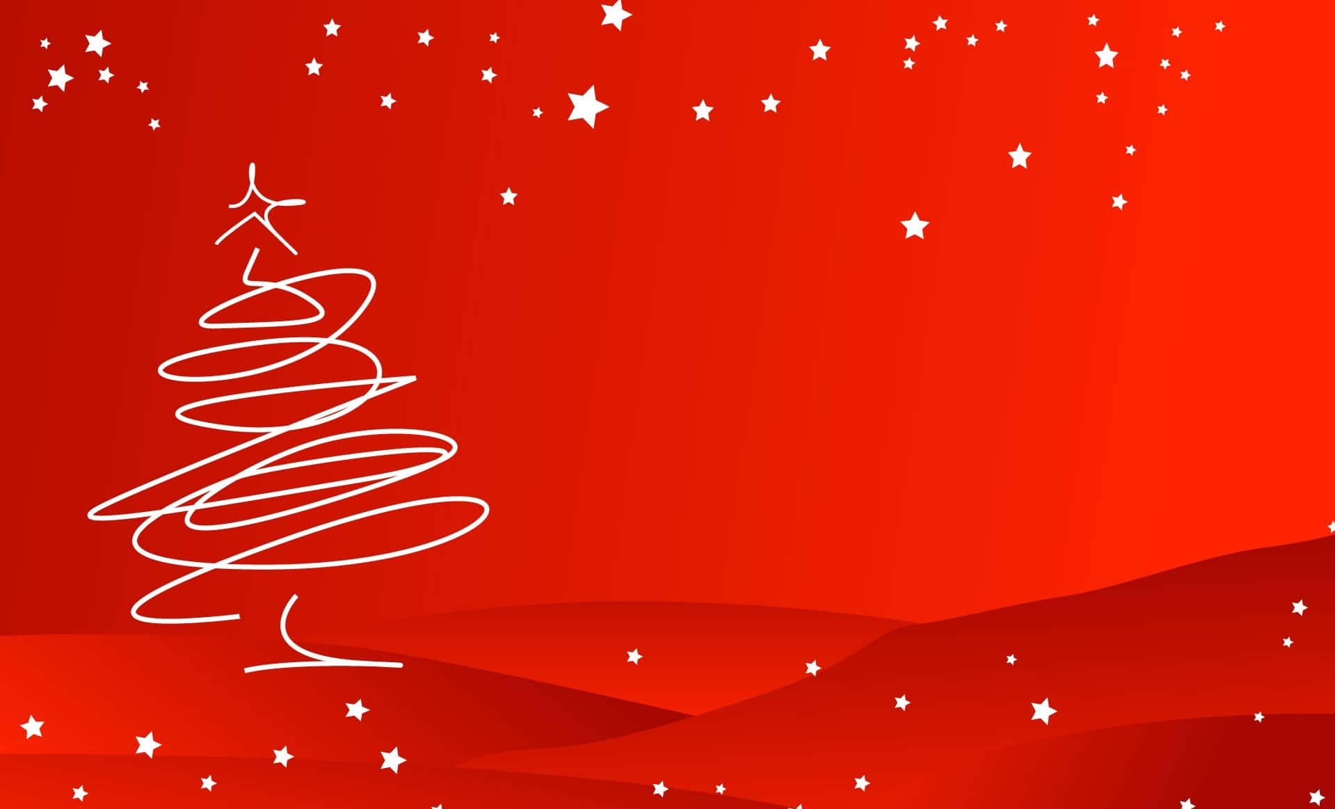 Red Aesthetic Christmas 桌布 壁紙 — 一個極簡風格的白色線條聖誕樹，帶有星星，漂浮在紅色山丘之上，背景是充滿活力的紅色漸變天空。