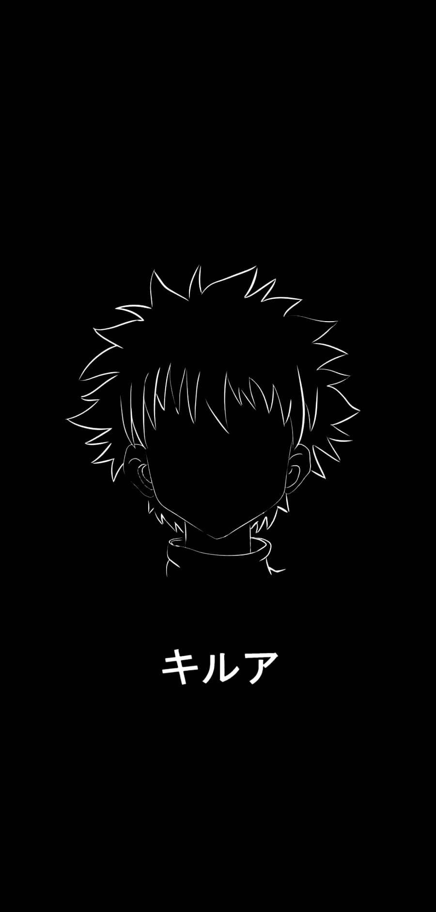 獵人 x 獵人 桌布 壁紙 — 一個極簡風格的白色線條藝術剪影，描繪一個刺蝟頭髮的動漫角色頭部，置於純黑色背景上，下方有日文字。