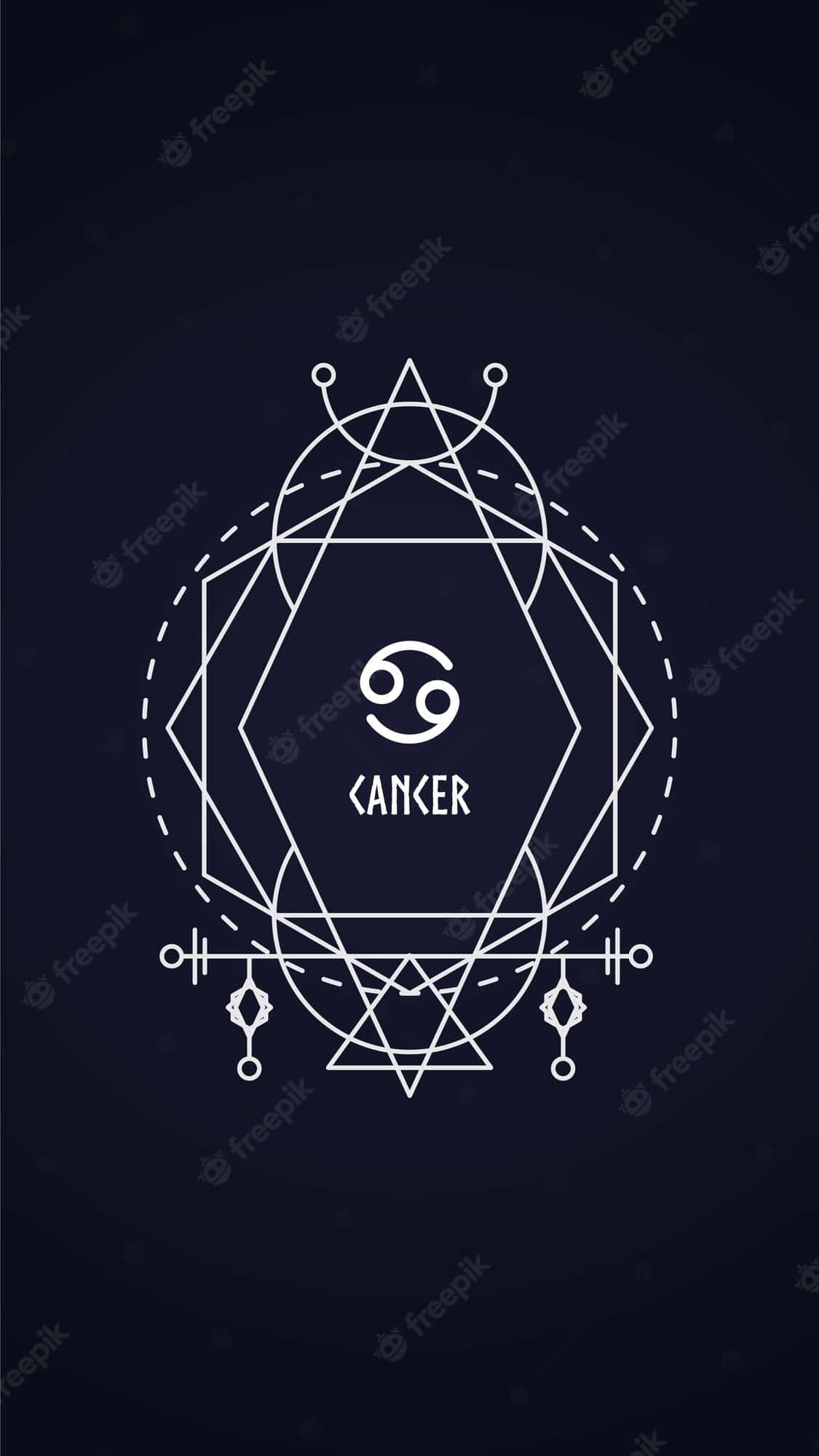 Cancer Zodiac Sign 桌布 壁紙 — 一個極簡風格的白色線條藝術巨蟹座星座符號，被幾何形狀包圍在深海軍藍色背景上。