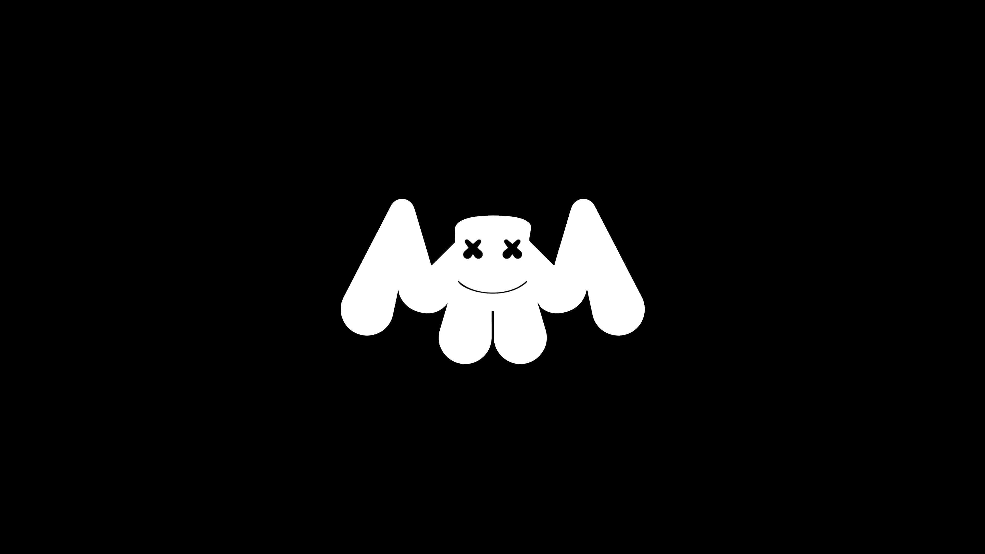 Marshmello 動態圖 桌布 壁紙 — 一個極簡風格的白色蝙蝠標誌，帶有X形眼睛和微笑，置於純黑色背景上。