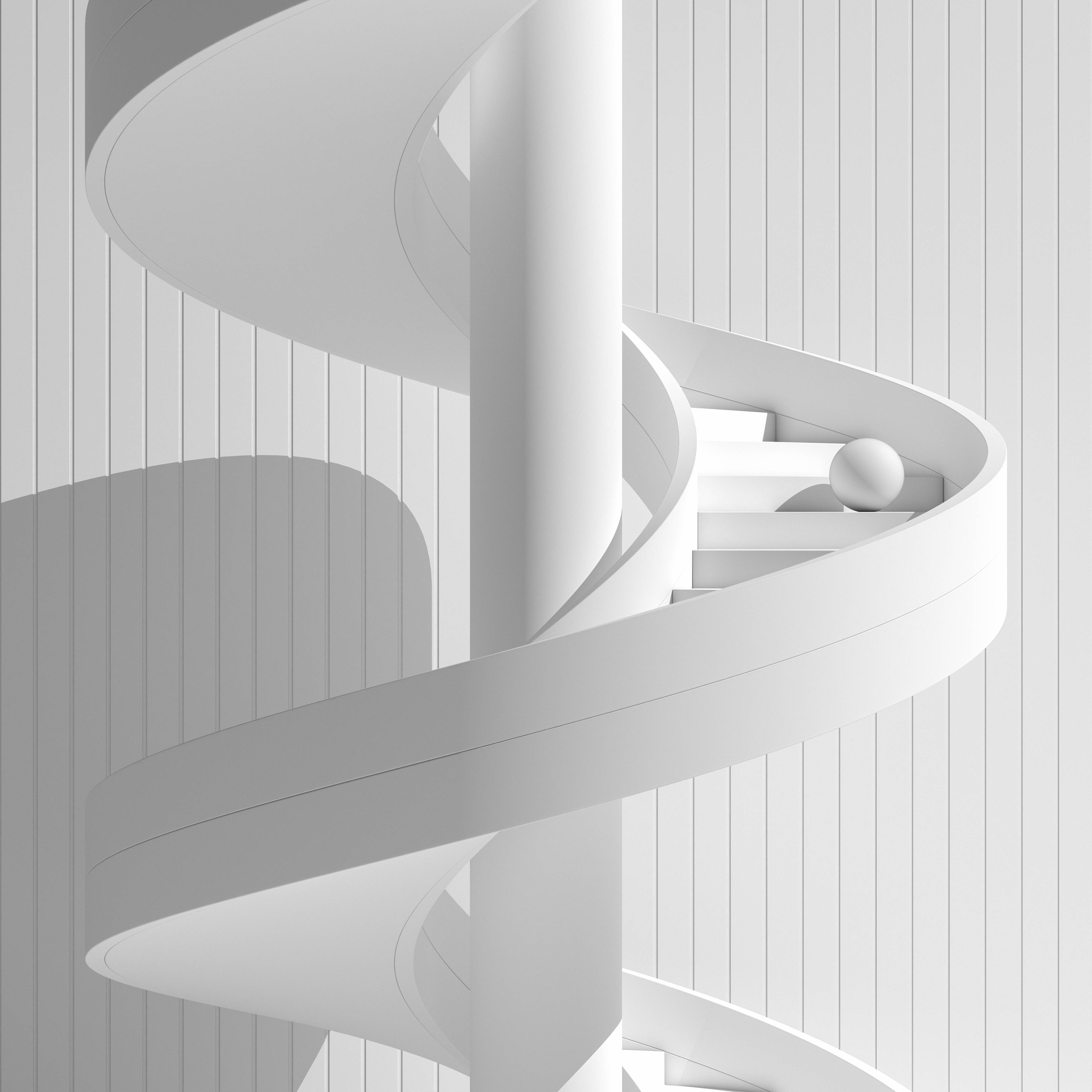3D 4K 桌布 壁紙 — 一個極簡風格的白色螺旋樓梯，上面放有一個球體，階梯靠著垂直條紋牆壁。