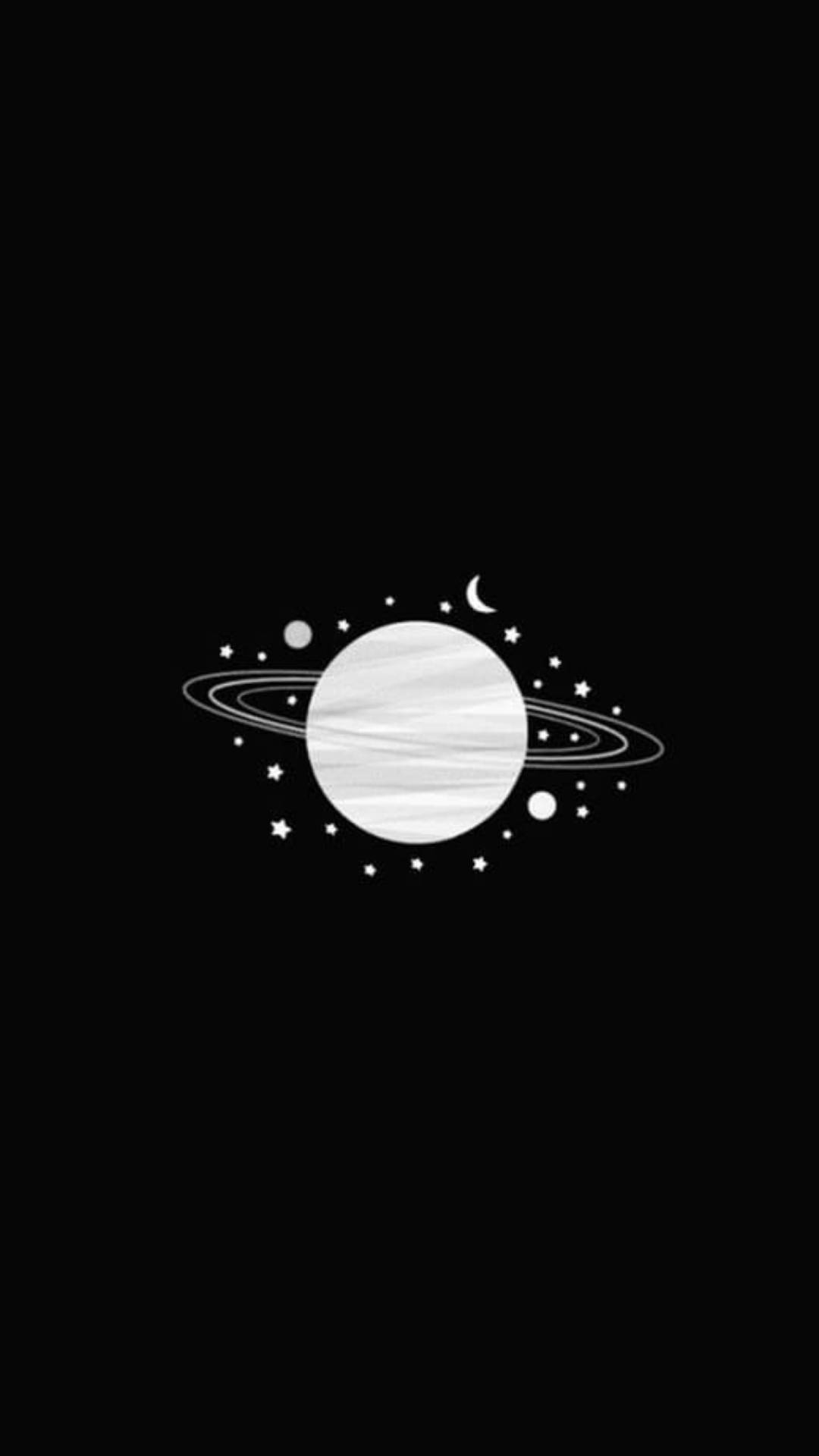 可愛黑色動圖 桌布 壁紙 — 一個極簡風格的白色行星，帶有光環和星星，背景為黑色，並有新月。