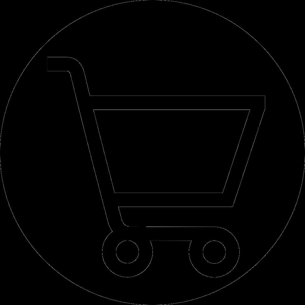 Shopping Cart 桌布 壁紙 — 一個極簡風格的白色購物車圖示輪廓，置中在黑色背景的圓形內。