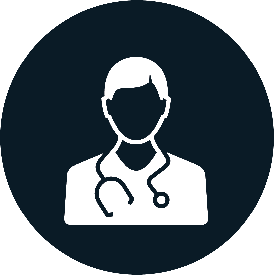 Physician 桌布 壁紙 — 一個極簡風格的白色醫生剪影，配有聽診器，背景為深色圓形。