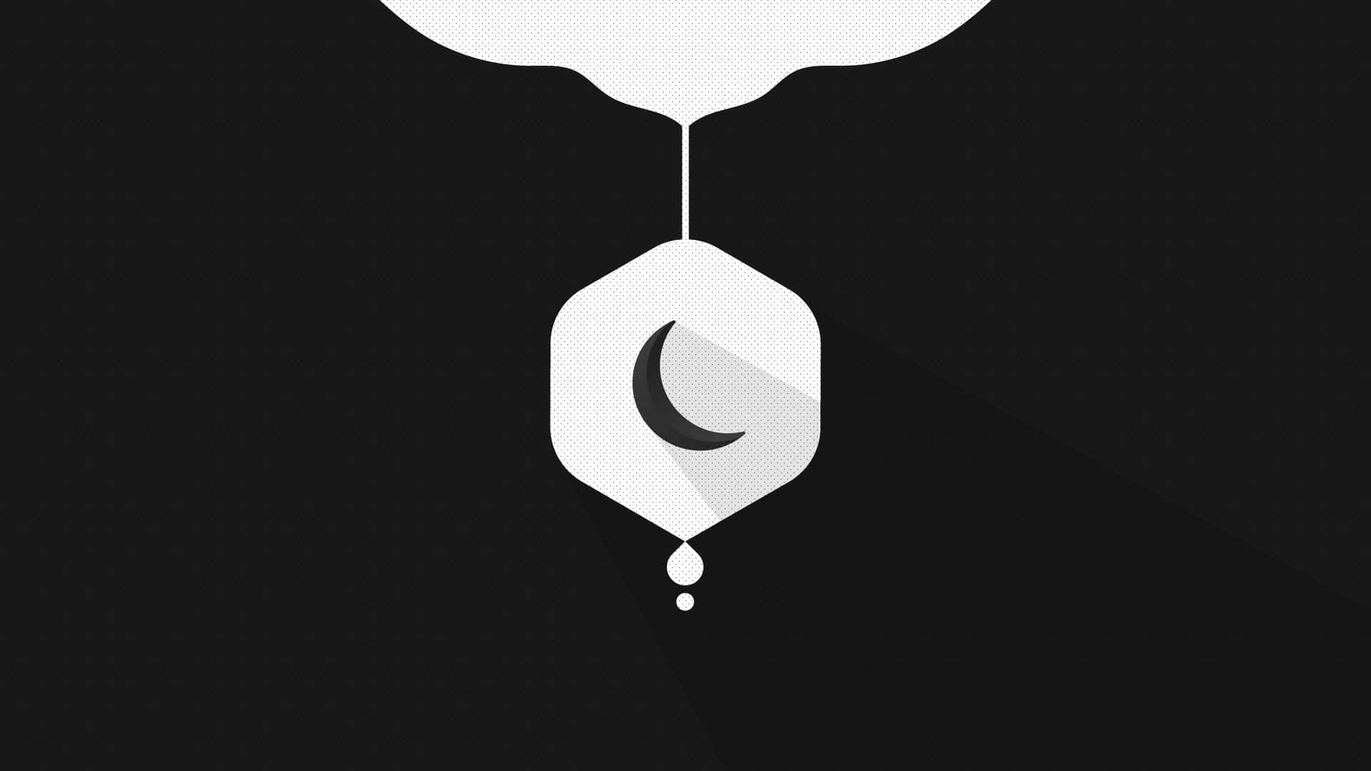 Simple Black And White 桌布 壁紙 — 一個極簡風格的白色雲朵滴下一個六角形吊墜，帶有新月和一滴水珠，背景為黑色。