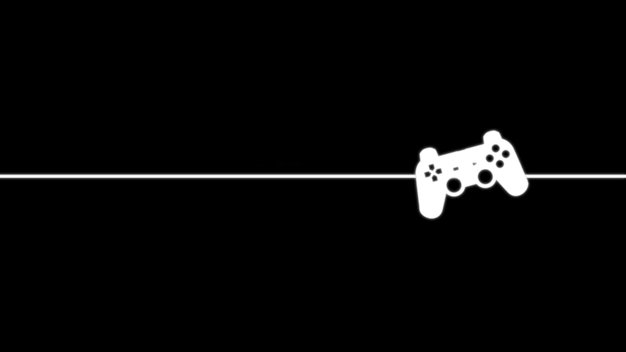 YouTube Gaming 桌布 壁紙 — 一個極簡風格的白色電玩遊戲控制器剪影，在純黑背景上的一條細白線上保持平衡。