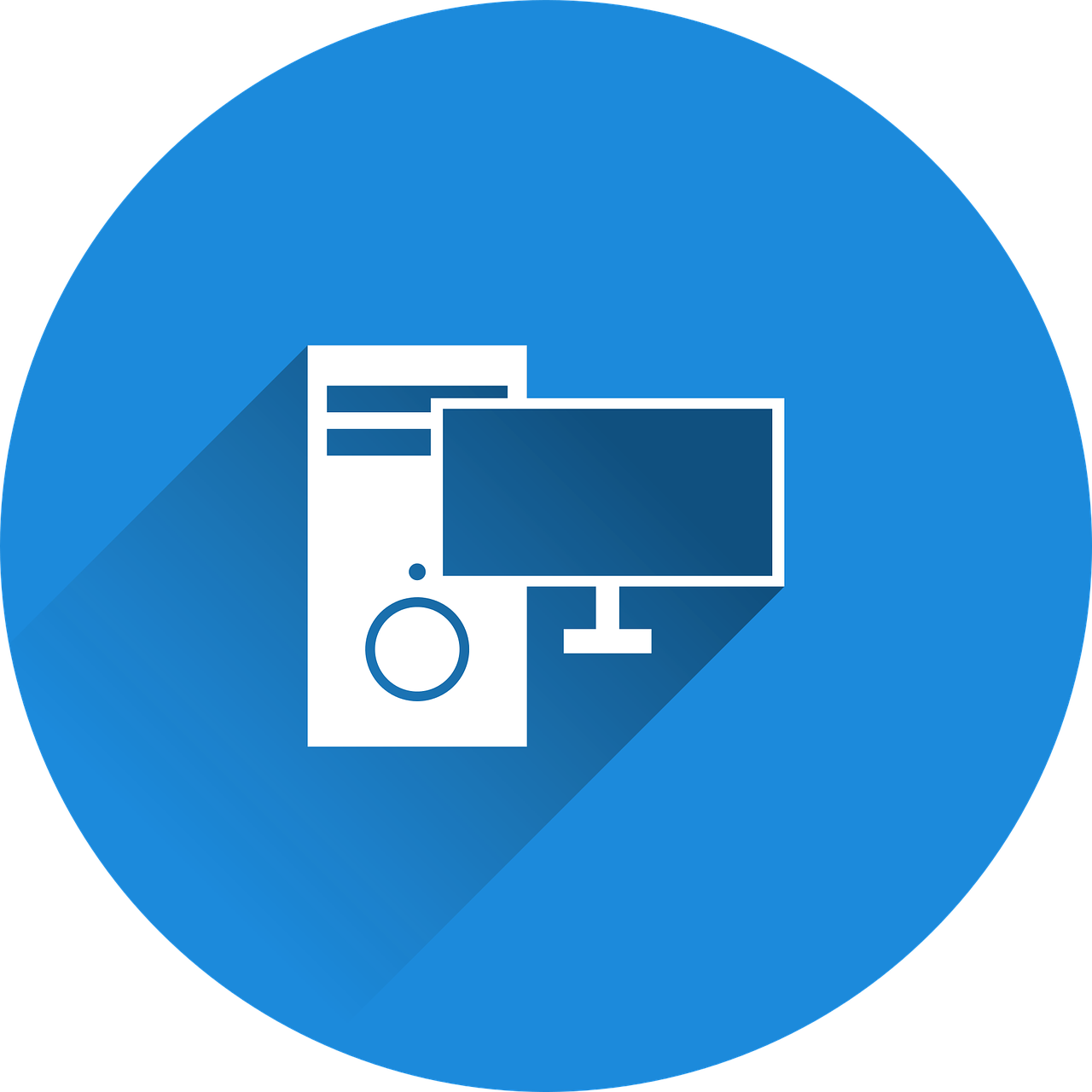 Technology Icon 桌布 壁紙 — 一個極簡風格的白色電腦圖示，帶有顯示器和主機，置於純藍色圓形背景上。