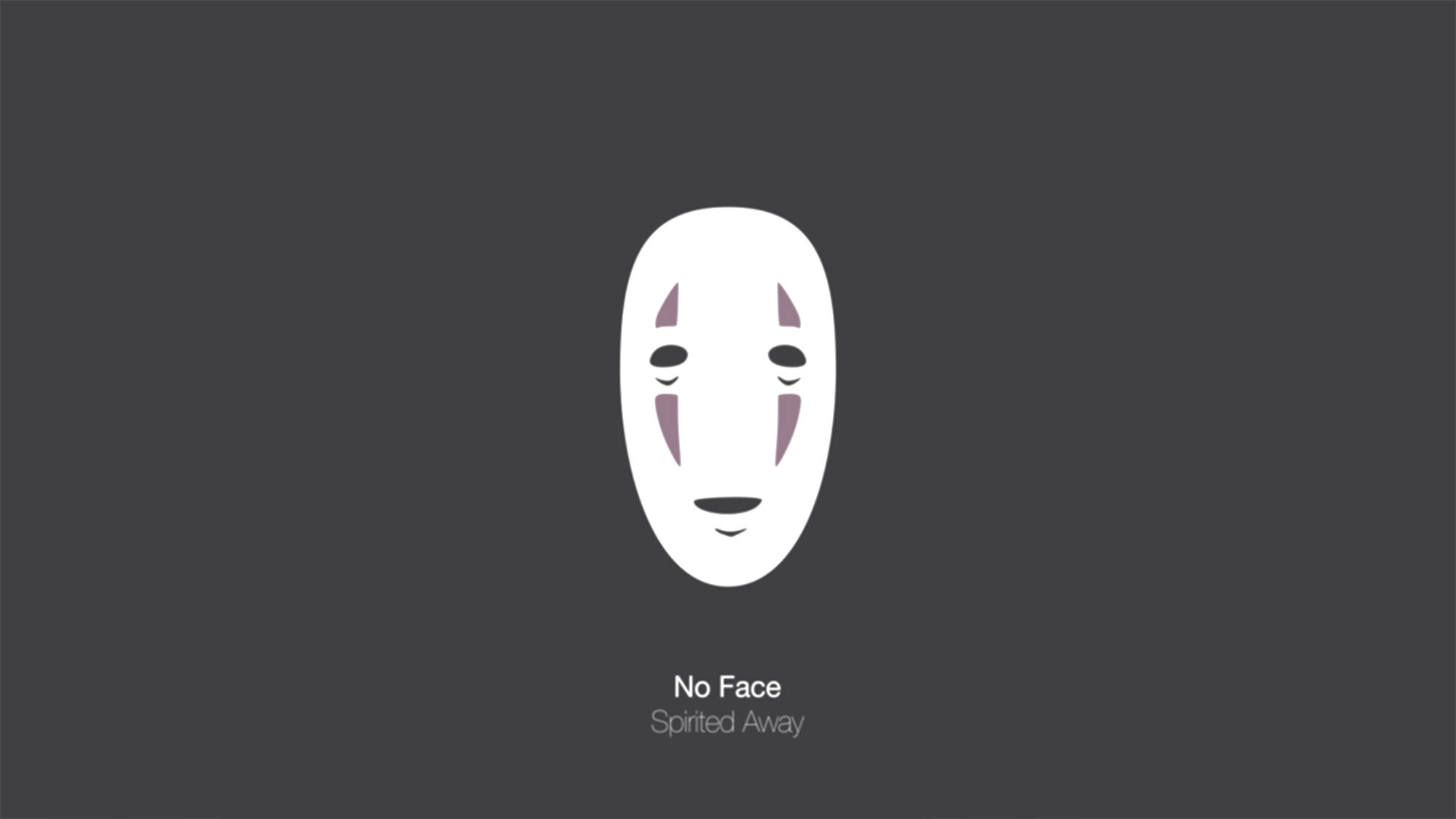 No Face 桌布 壁紙 — 一個極簡風格的白色面具，閉著眼睛，帶有紫色標記，居中在深灰色背景上。