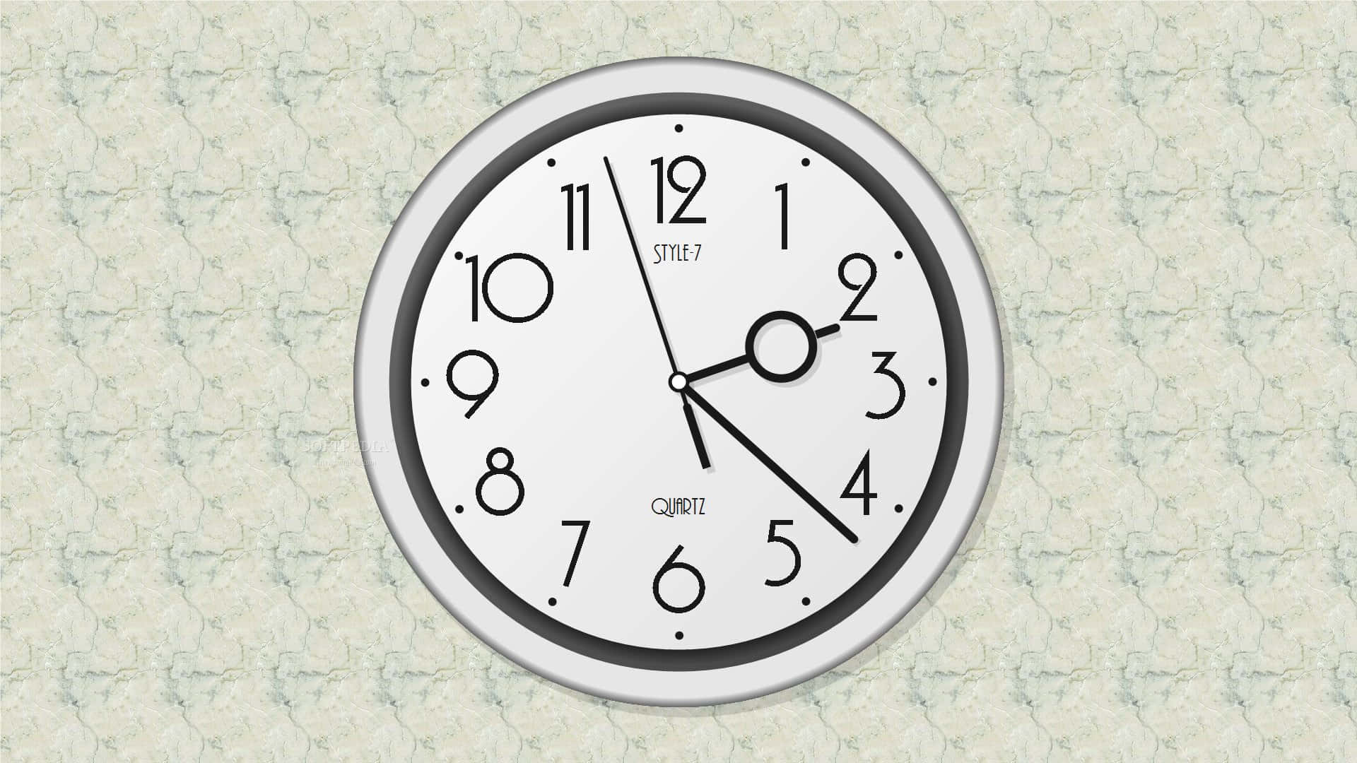 Wall Clock 桌布 壁紙 — 一個極簡風格的白色類比掛鐘，帶有黑色指針和數字，安裝在帶有紋理的米色壁紙上。