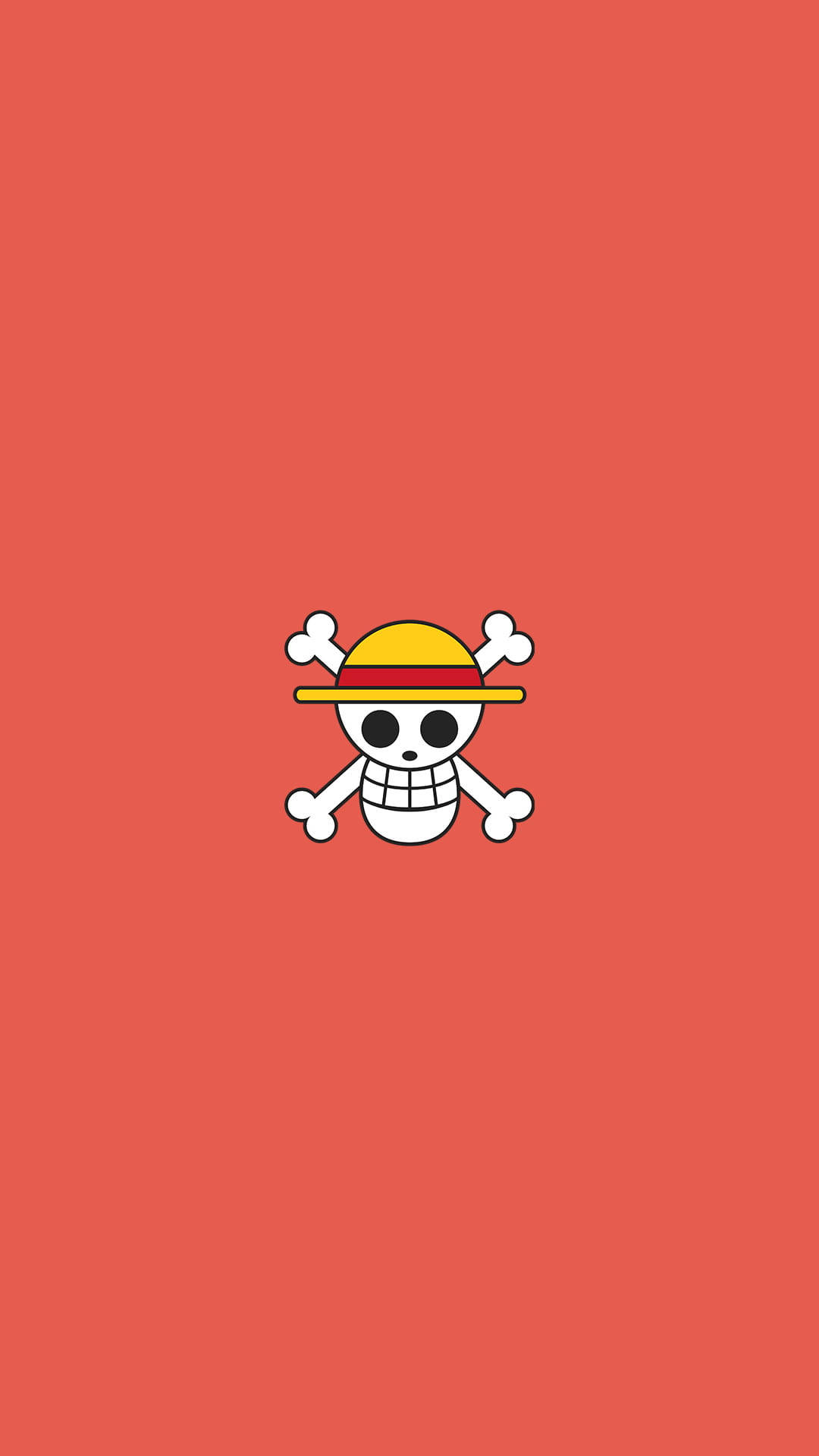 One Piece Logo 桌布 壁紙 — 一個極簡風格的白色骷髏頭，搭配交叉骨頭和一頂黃色帽子，居中在純珊瑚色背景上。