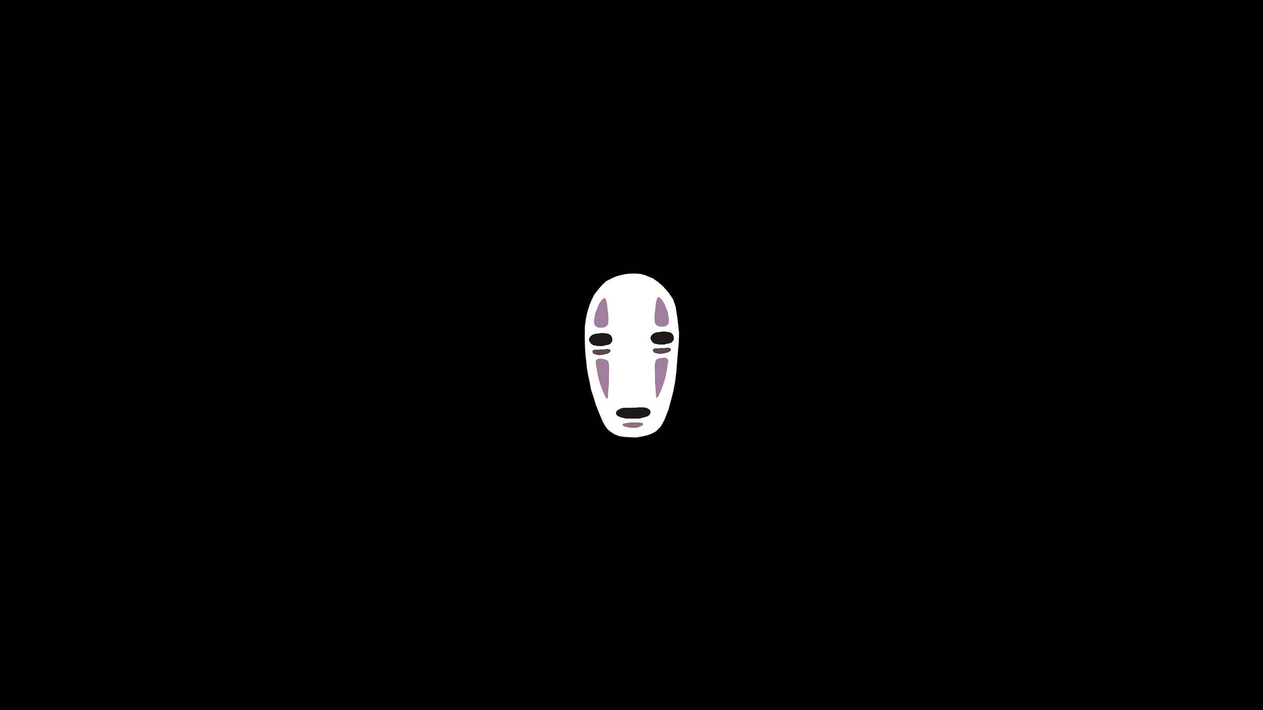 No Face 桌布 壁紙 — 一個極簡風格的白色鬼面具，帶有紫色點綴，居中放置在純黑色背景上。