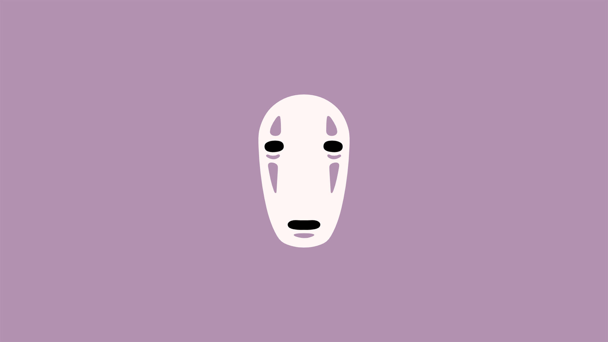 No Face 桌布 壁紙 — 一個極簡風格的白色鬼面具，黑色眼睛和嘴巴，居中在柔和的薰衣草背景上。