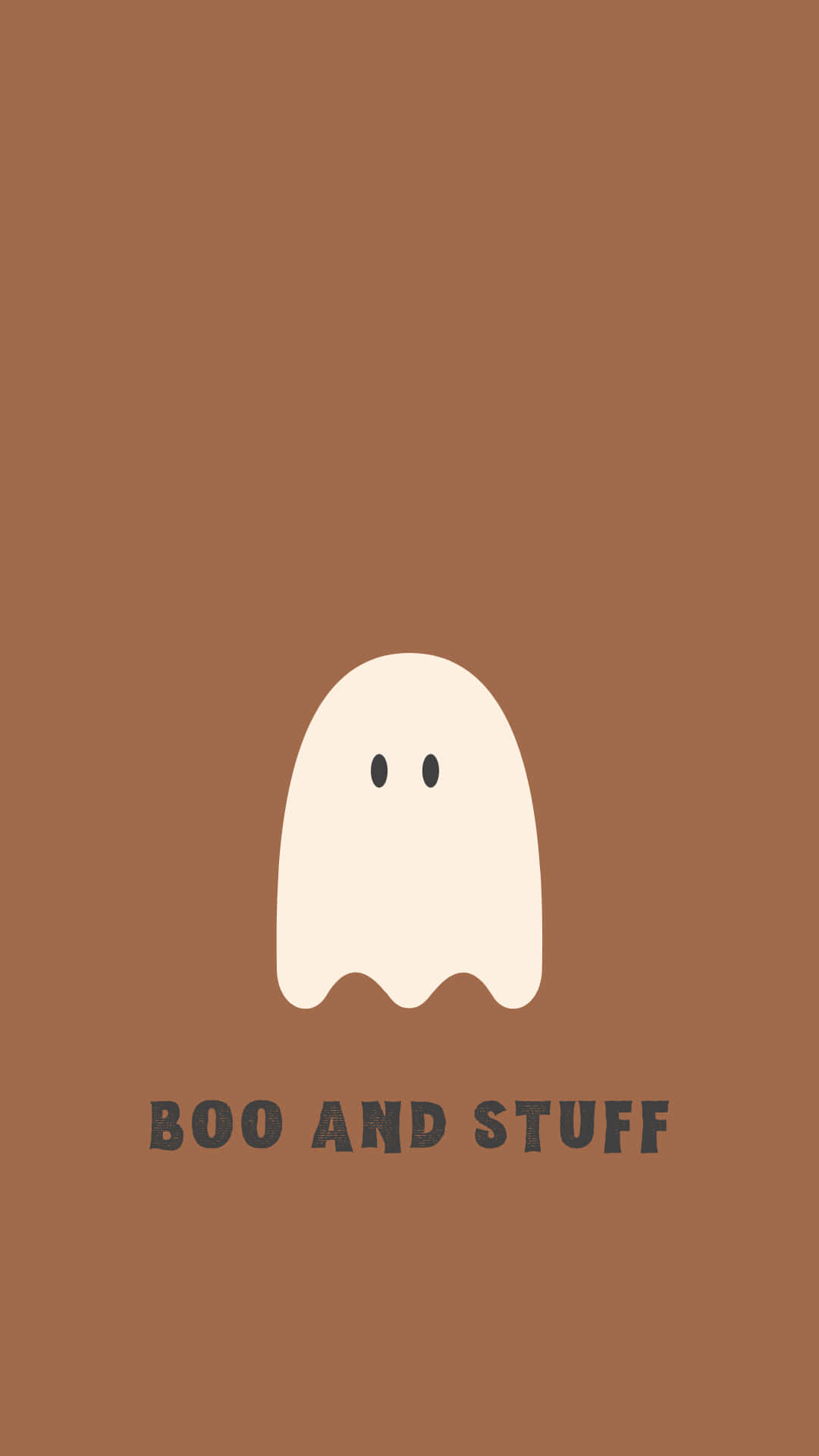 Cute Ghost 桌布 壁紙 — 一個極簡風格的白色鬼魂，有兩個黑點作為眼睛，漂浮在純棕色背景上，下方有文字 'BOO AND STUFF'。