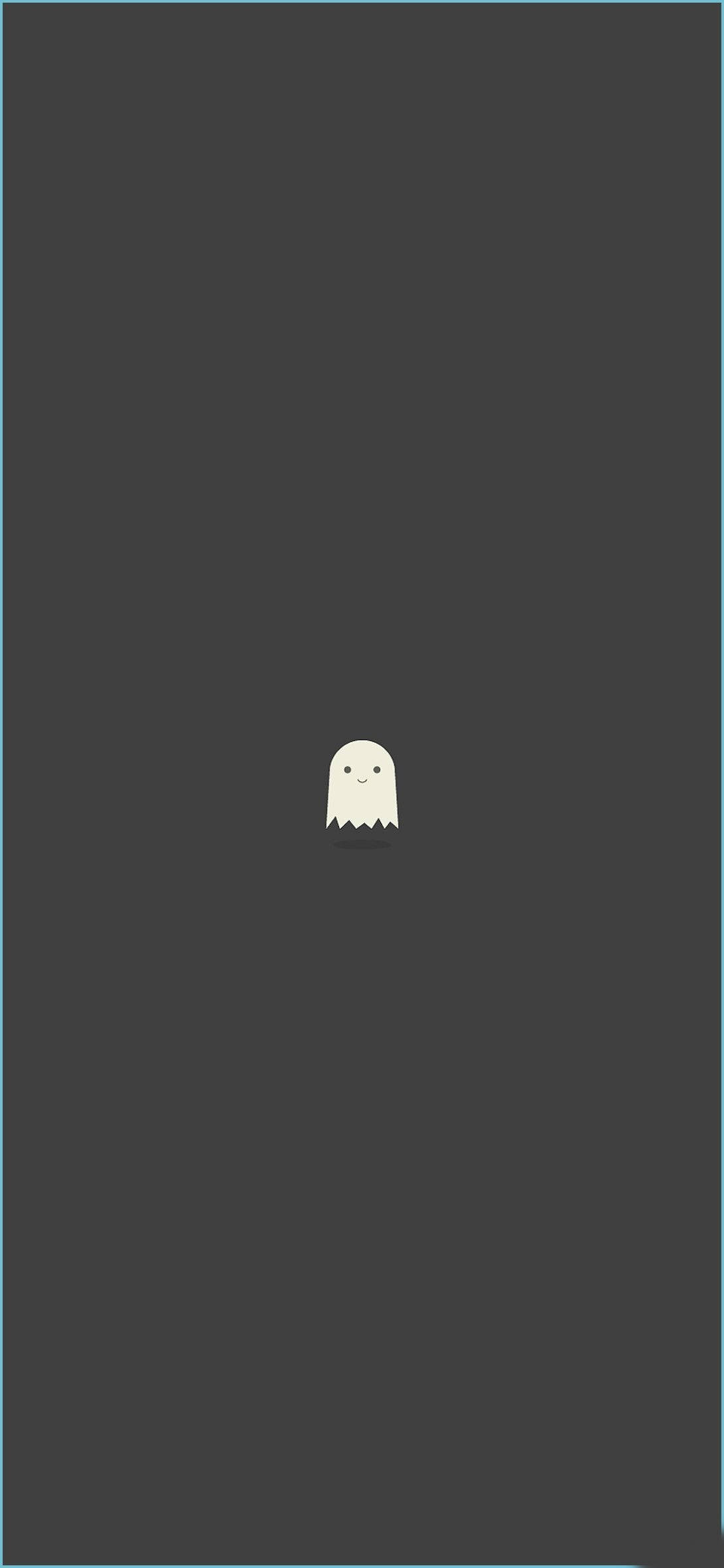Aesthetic Gray 桌布 壁紙 — 一個極簡風格的白色鬼魂圖示獨自漂浮在帶有細藍色邊框的深灰色背景上。