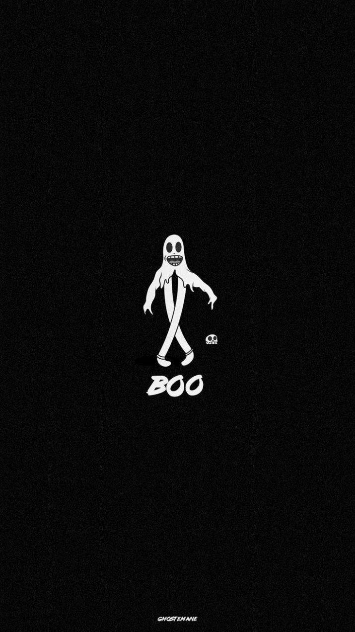 Ghostemane 桌布 壁紙 — 一個極簡風格的白色鬼魂插圖，咧嘴大笑，在帶紋理的黑色背景上寫著BOO。