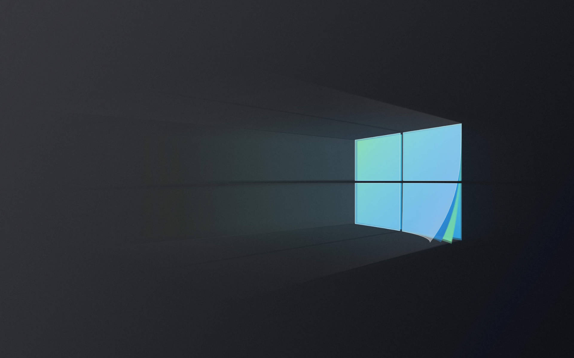 黑色 Windows 10 桌布 壁紙 — 一個極簡風格的窗戶，有四片玻璃，將柔和的藍色和綠色光線投射到黑暗的房間中，形成清晰的幾何陰影。