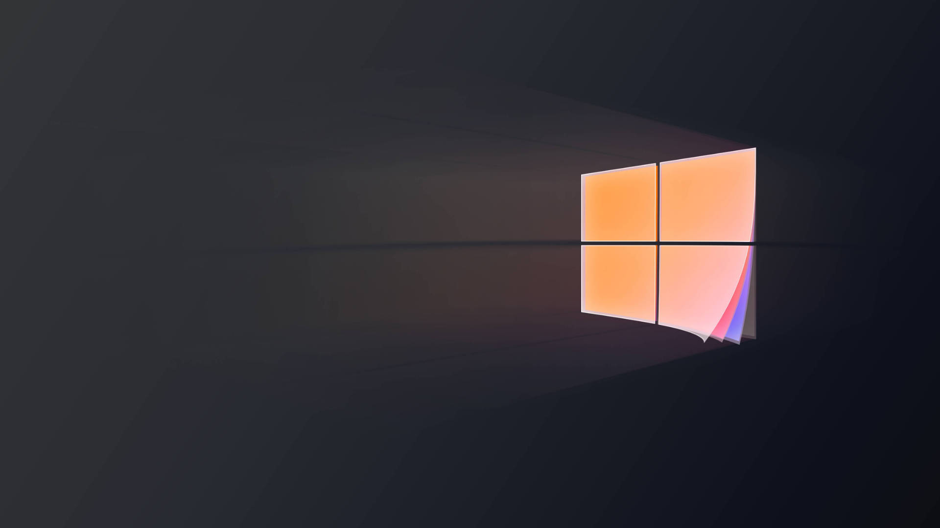 黑色 Windows 10 桌布 壁紙 — 一個極簡風格的窗戶，配有四塊玻璃，在深色幾何牆壁上投射出溫暖的橙色和紫色光線。