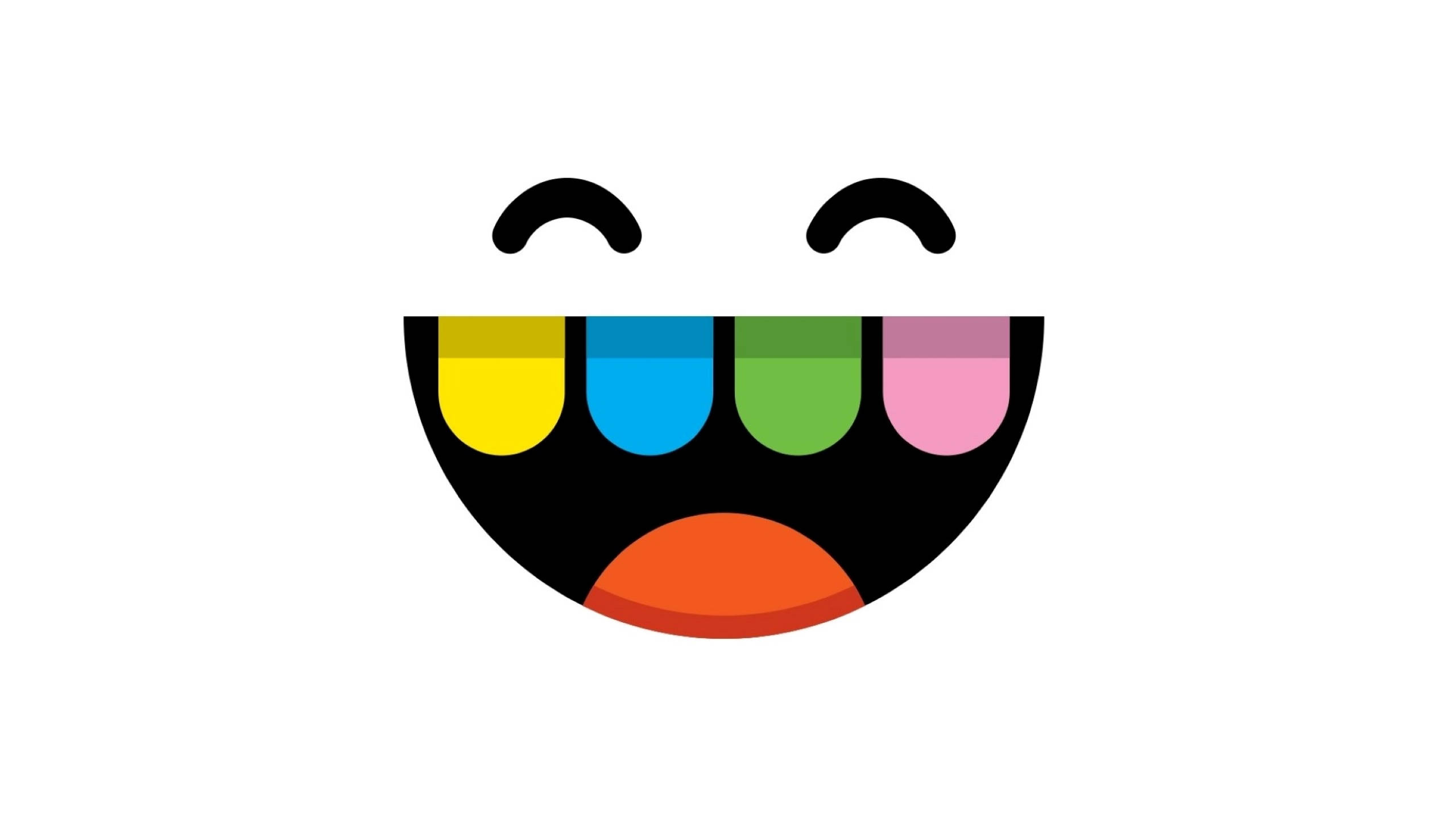 Toca 桌布 壁紙 — 一個極簡風格的笑臉，帶有彩虹色牙齒和橙色舌頭，背景為白色。