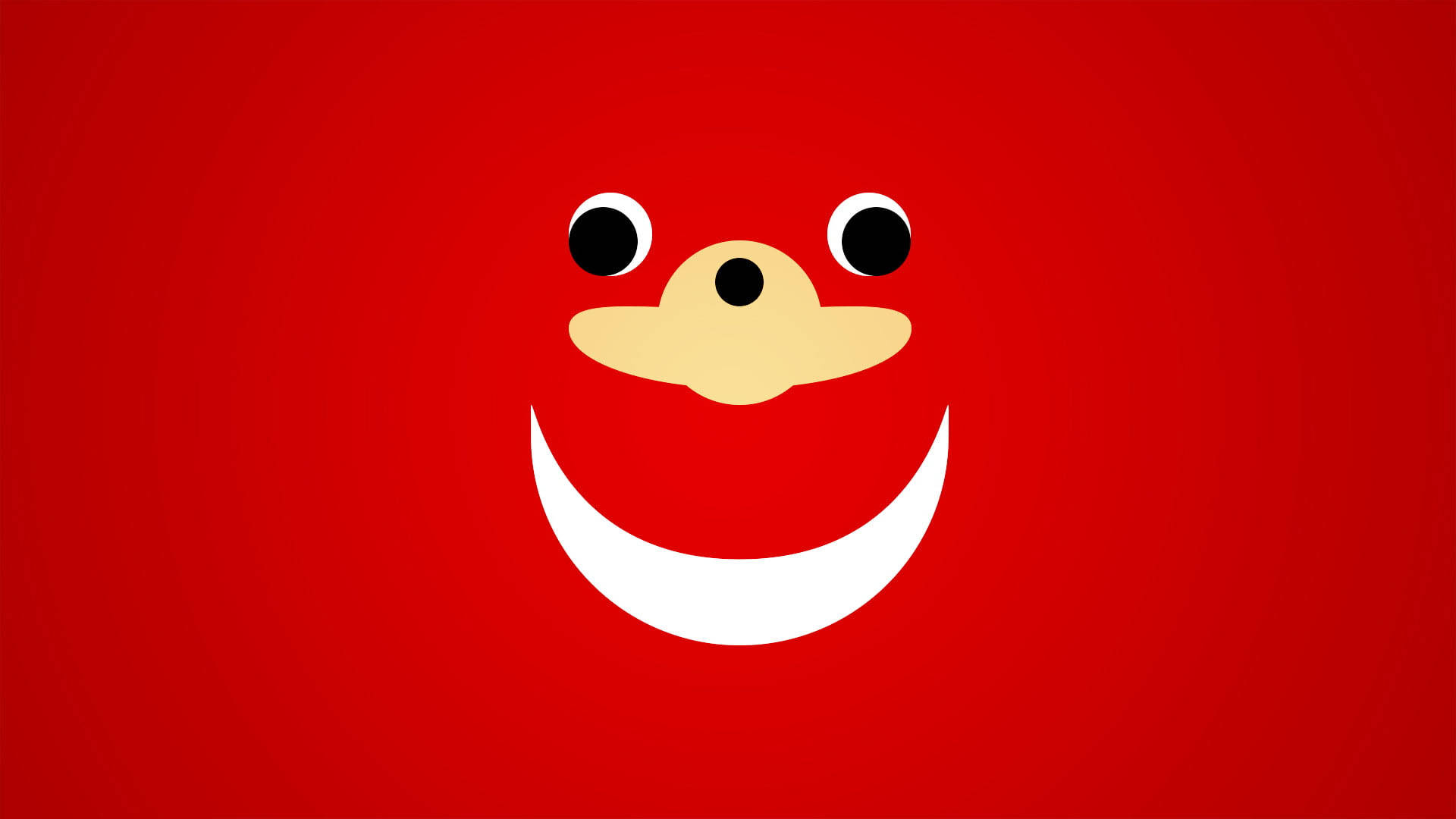 Vrchat 桌布 壁紙 — 一個極簡風格的笑臉，有大眼睛和寬闊的白色笑容，背景為純紅色。