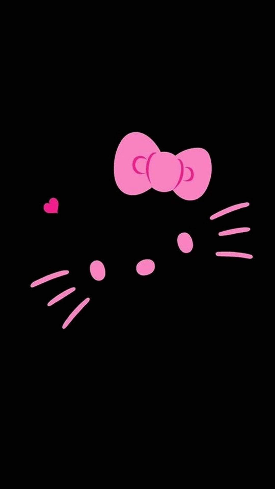 Kitty 桌布 壁紙 — 一個極簡風格的粉紅色Hello Kitty臉，帶有蝴蝶結和心形圖案，背景為純黑色。