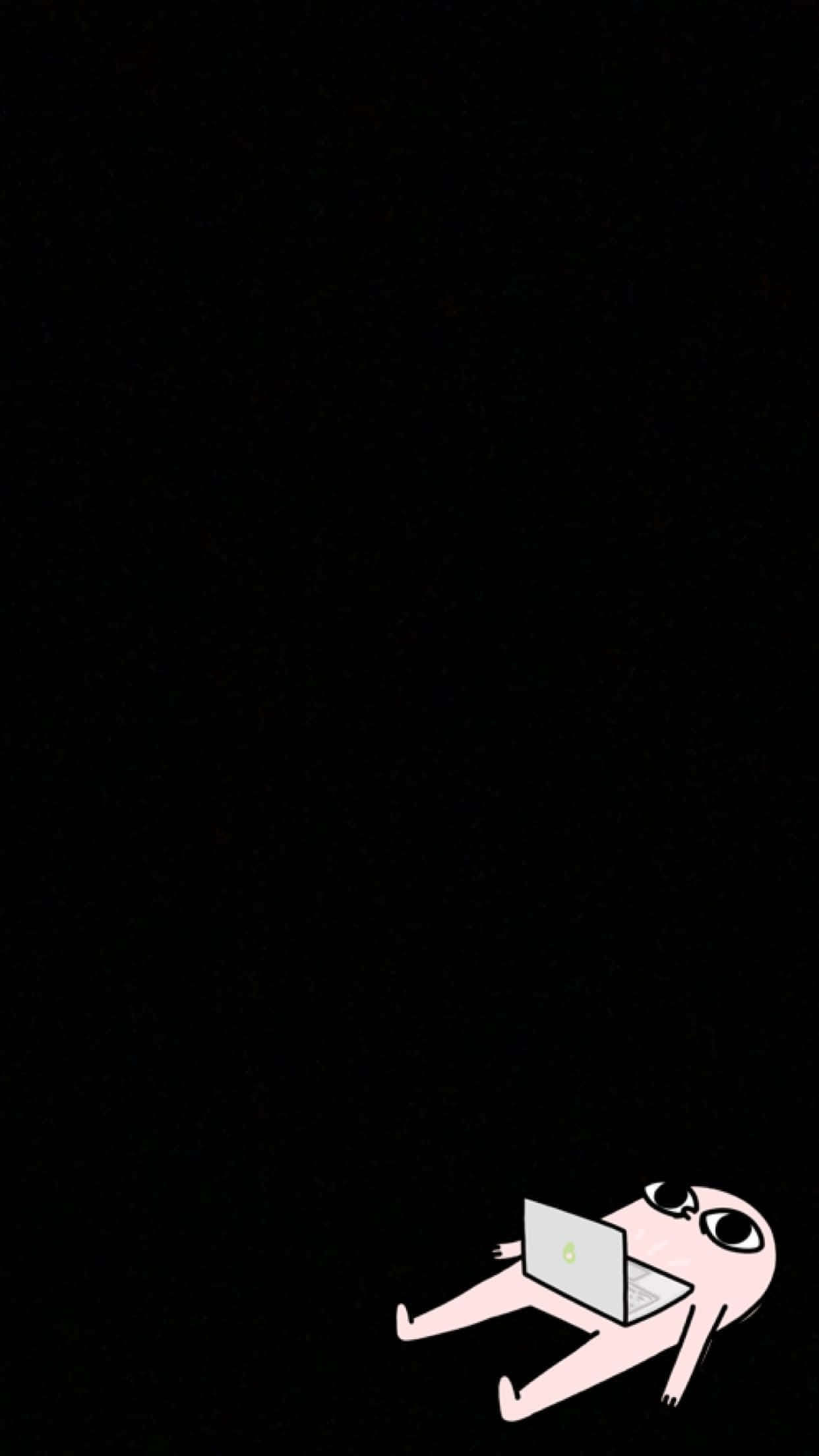 Dark Aesthetic Cartoon 桌布 壁紙 — 一個極簡風格的粉紅色卡通人物躺在黑色虛空中，使用一部帶有發光綠色標誌的筆記型電腦。