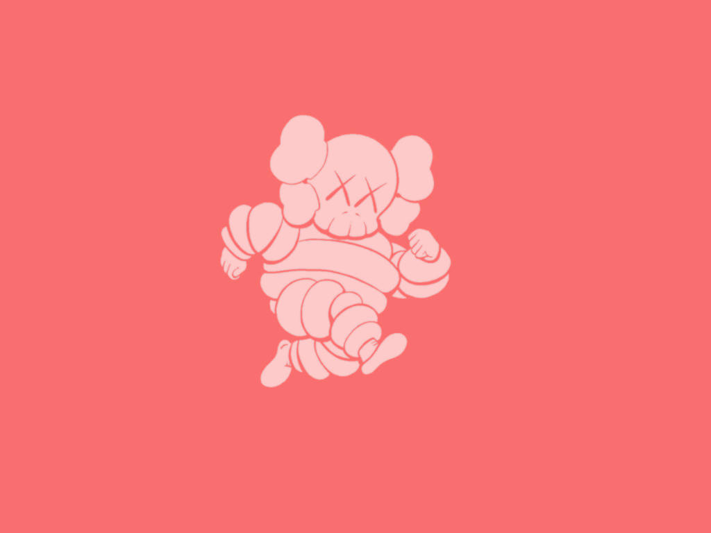 KAWS 桌布 壁紙 — 一個極簡風格的粉紅色卡通角色，帶有X形眼睛和膨脹的四肢，漂浮在純珊瑚色背景上。