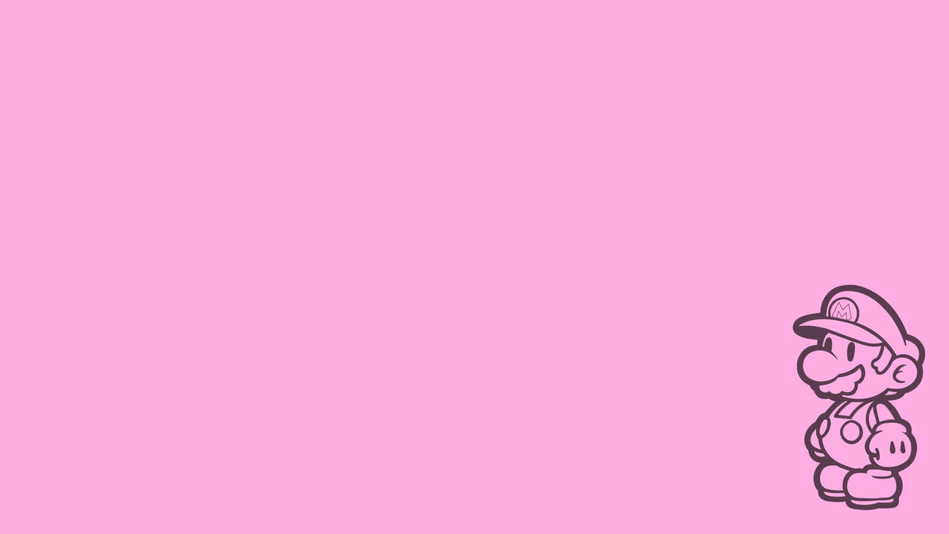 Simple Pink 桌布 壁紙 — 一個極簡風格的粉紅色線條馬力歐獨自站在角落，背景為純粉紅色。