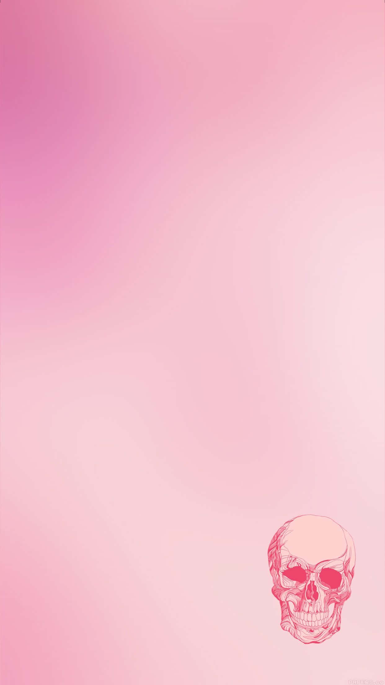 Pink Skull 桌布 壁紙 — 一個極簡風格的粉紅色骷髏插圖位於右下角，背景是柔和的漸變粉紅色。