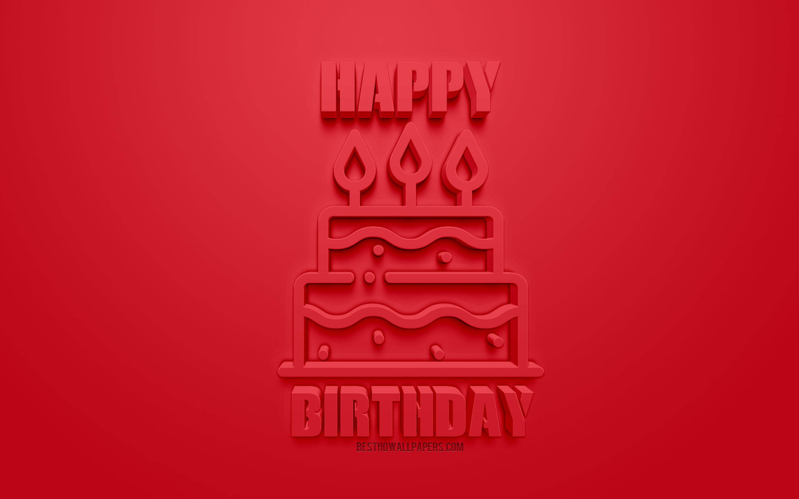 birthday blessings 桌布 壁紙 — 一個極簡風格的紅色3D渲染生日蛋糕，帶有燃燒的蠟燭和文字，背景為純紅色。