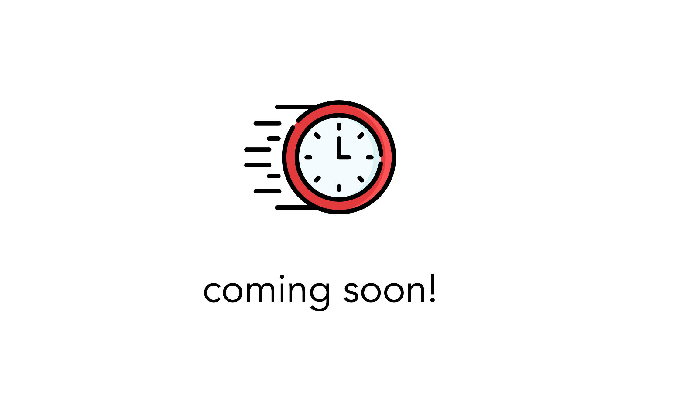 Coming Soon 桌布 壁紙 — 一個極簡風格的紅色輪廓時鐘，帶有向後飛行的運動線條，背景為純白色，並帶有coming soon文字。