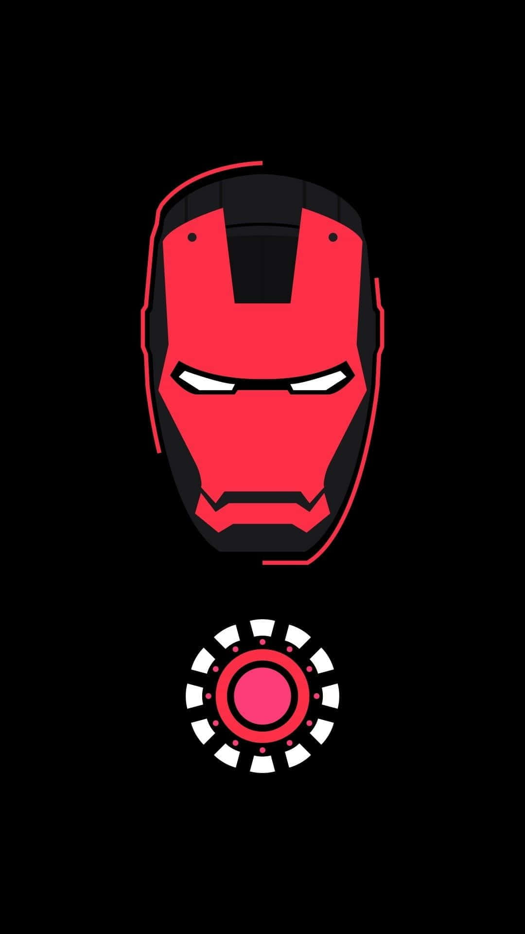 Android Iron Man 桌布 壁紙 — 一個極簡風格的紅黑鋼鐵人頭盔，帶有發光眼睛和下方的弧形反應器，背景為黑色。