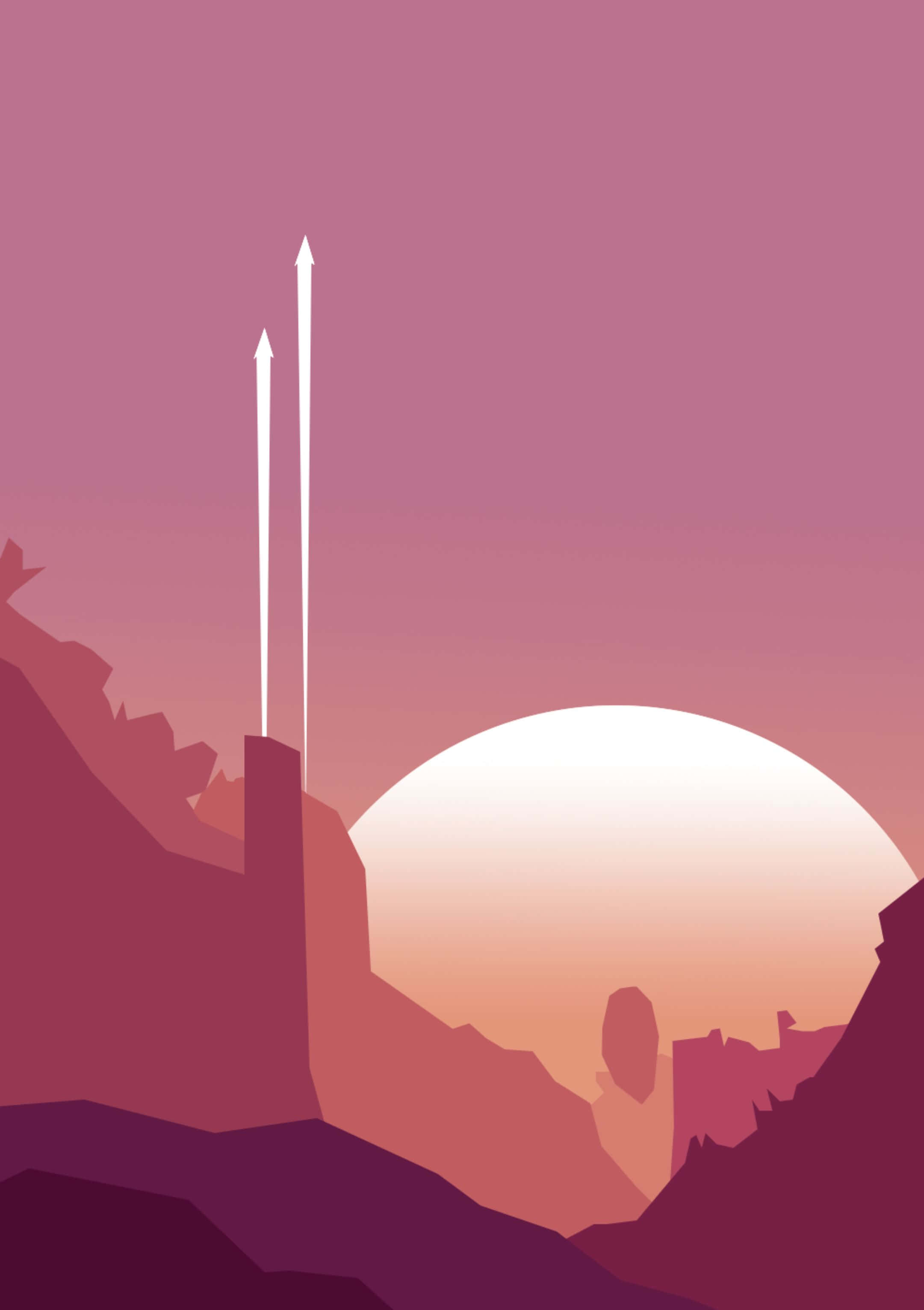 Minimalist Sky 桌布 壁紙 — 一個極簡風格的紫色沙漠峽谷，日落時分，兩支白色箭矢刺穿發光太陽上方的天空。